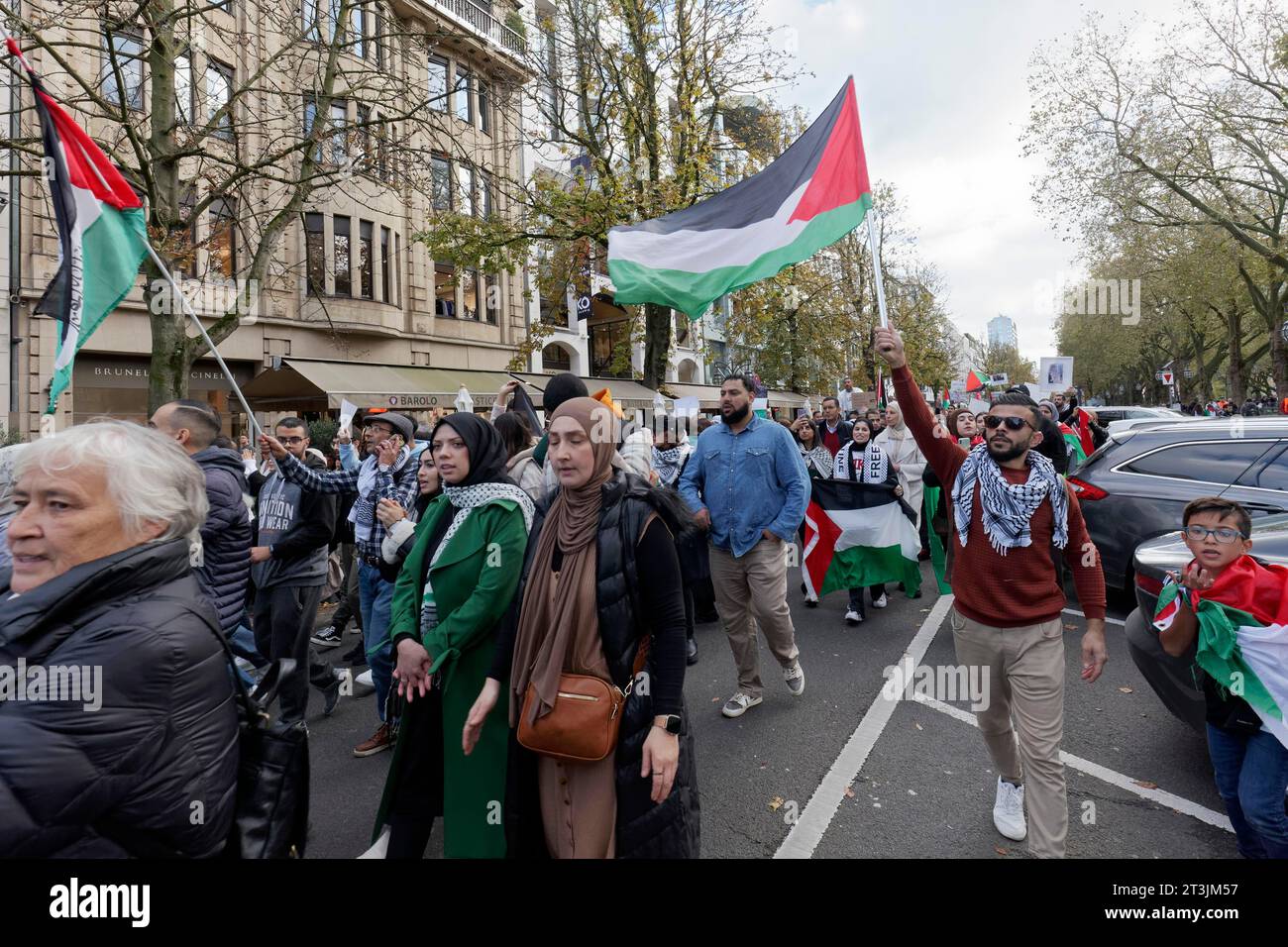 Participants à la démonstration avec des drapeaux palestiniens, rassemblement pro-palestinien pour condamner les crimes de guerre contre la population civile à Gaza le 21.10.2023 in Banque D'Images