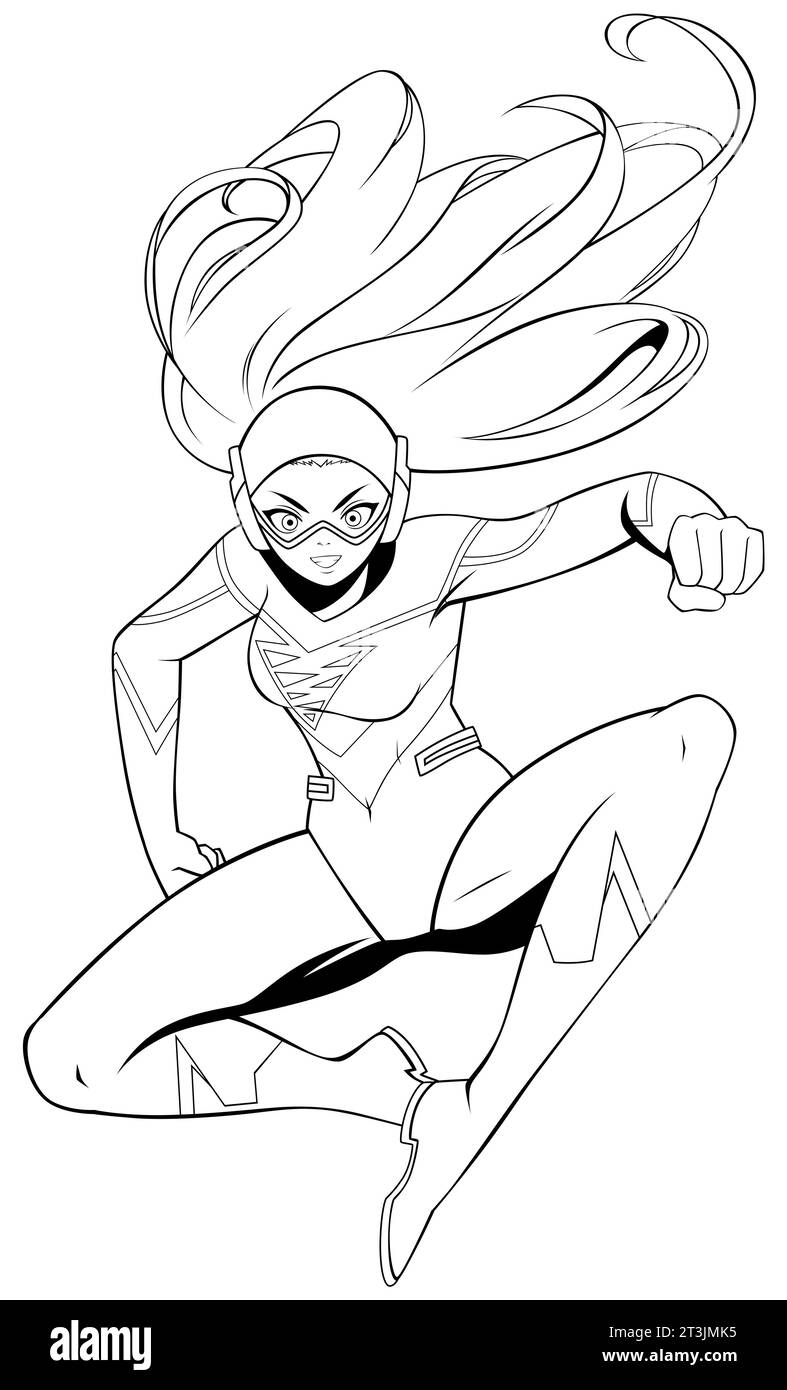 Dessin au trait d'une super-héroïne puissante s'envolant dans les airs. Illustration de Vecteur