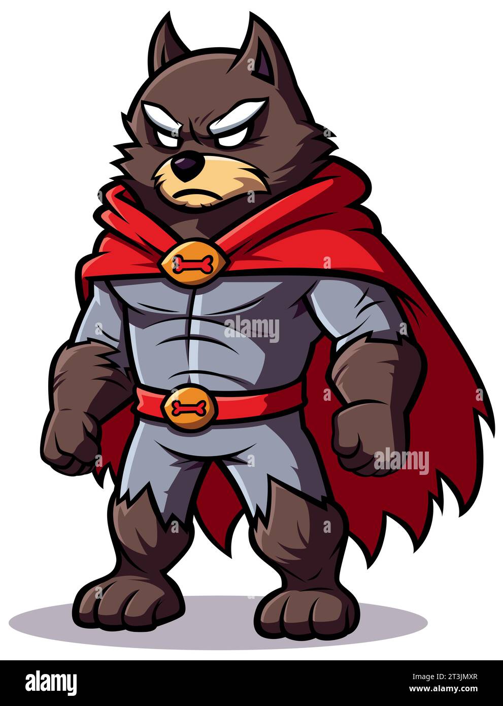 Illustration de style dessin animé de loup de super-héros féroce avec cape rouge, debout avec posture affirmée, isolé sur fond blanc. Illustration de Vecteur