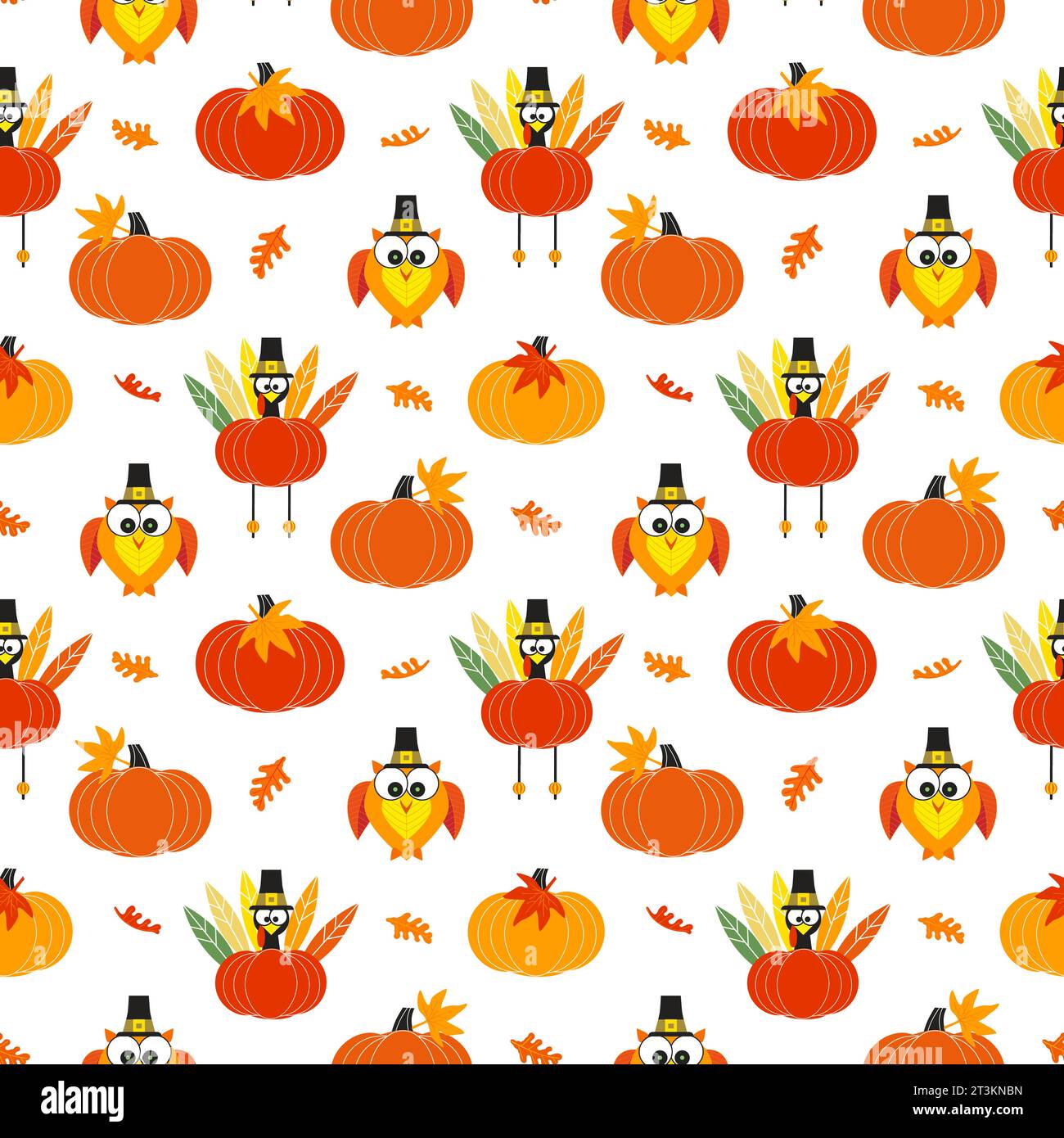 Motif vectoriel sans couture festif de vacances d'automne de Thanksgiving. Mignon dinde, hibou dans le chapeau de pèlerin, conception de dessin animé de citrouille dodue. Dessiné à la main Illustration de Vecteur