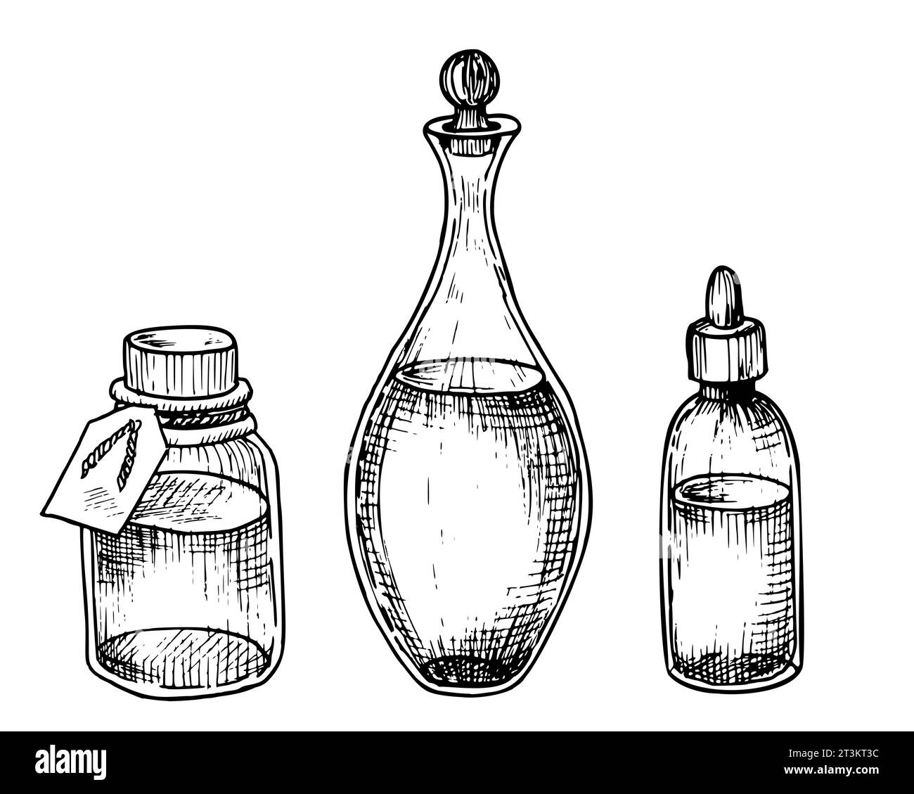Set de bouteilles en verre et carafe transparente. Illustration vectorielle dessinée à la main de décanteur et de flacons pour Spa ou conception de médecine dans des couleurs noir et blanc. Flagon vintage linéaire pour huile essentielle. Illustration de Vecteur