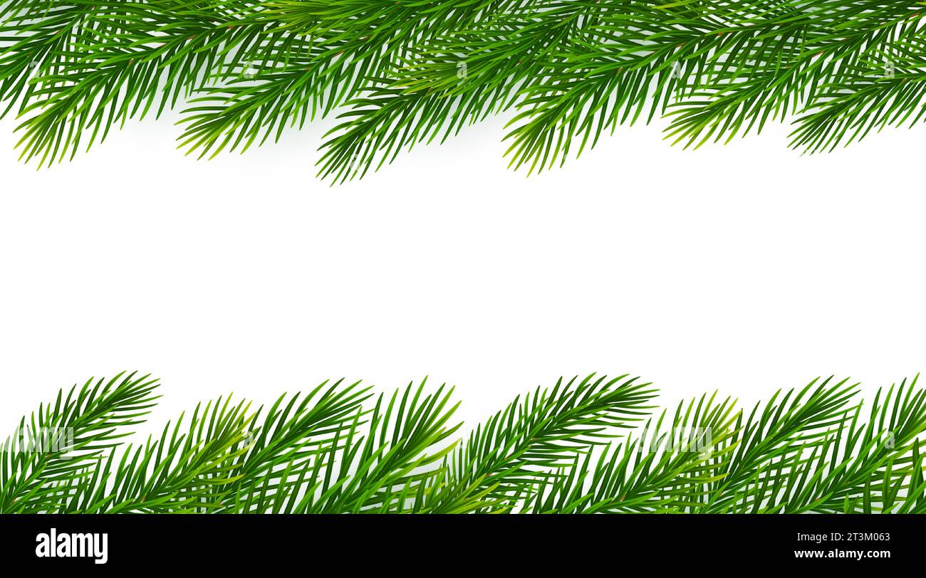 Décoration de Noël de branches de sapin réalistes sur fond blanc. Cadre de branches d'arbre de Noël pour saluer le nouvel an et les cartes de Noël Illustration de Vecteur