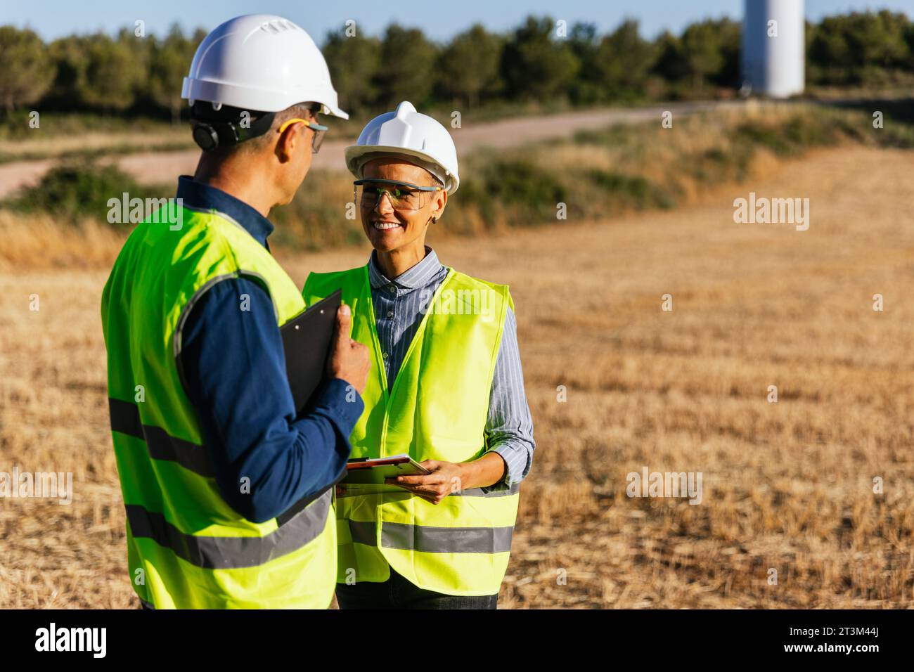 Des ingénieurs optimistes au travail sur une ferme éolienne. Banque D'Images