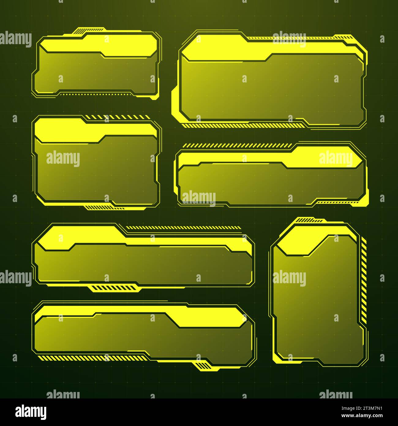 HUD futuriste jaune, éléments d'interface utilisateur. Zones de texte et légendes de l'interface utilisateur SCI-fi. Cadres de message d'avertissement, modèle de zones d'information. Jeu moderne Illustration de Vecteur