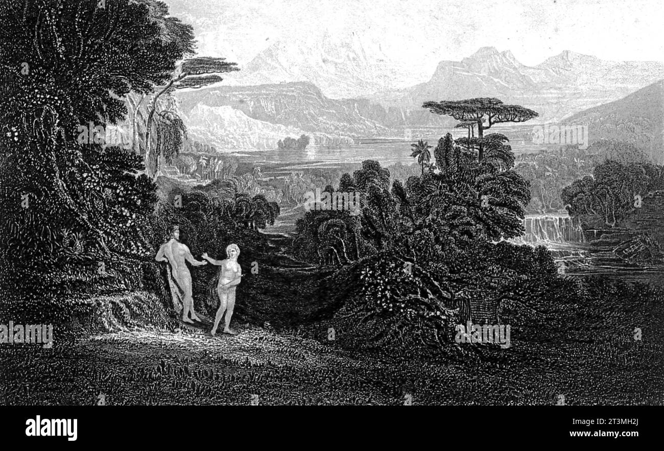 Adam et Eve dans le jardin d'Eden, estampe, Allemagne des années 1830 Banque D'Images