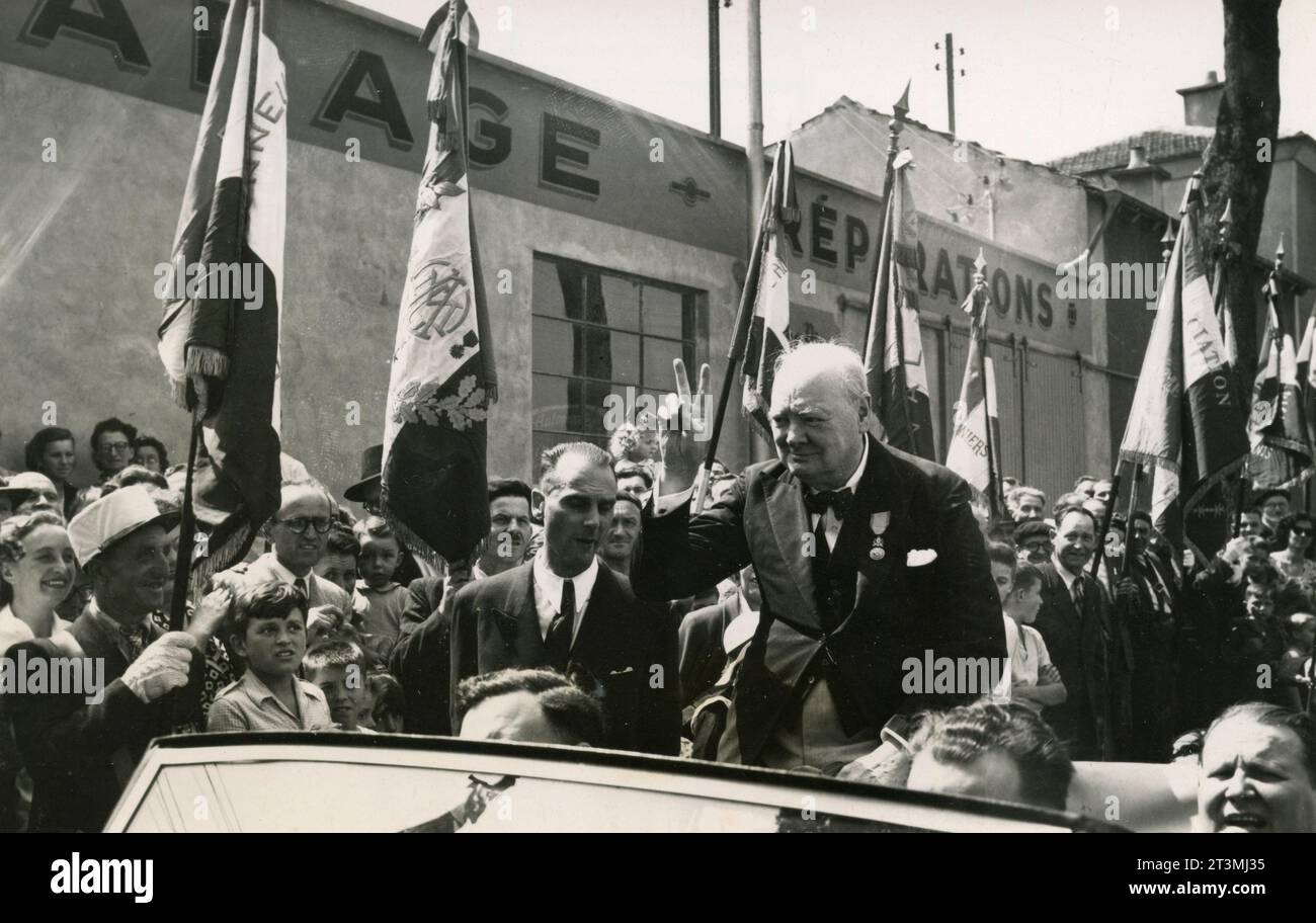 Homme politique britannique Sir Winston Churchill en visite à Nanoy, France 1950 Banque D'Images