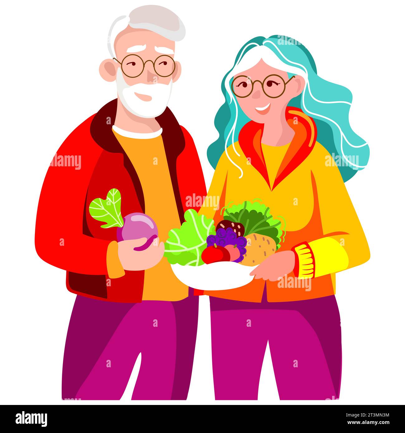 Couple végétalien âgé moderne tenant des légumes frais et des fruits dans leurs mains illustration vectorielle.alimentation saine pour les seniors.Senior homme et femme Wit Banque D'Images