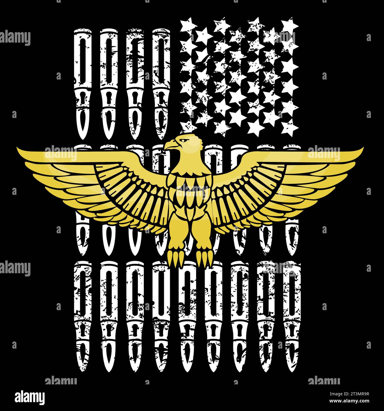 T-shirt design d'un aigle doré à côté du drapeau des États-Unis composé de balles et d'étoiles. Illustration patriotique nord-américaine. Illustration de Vecteur