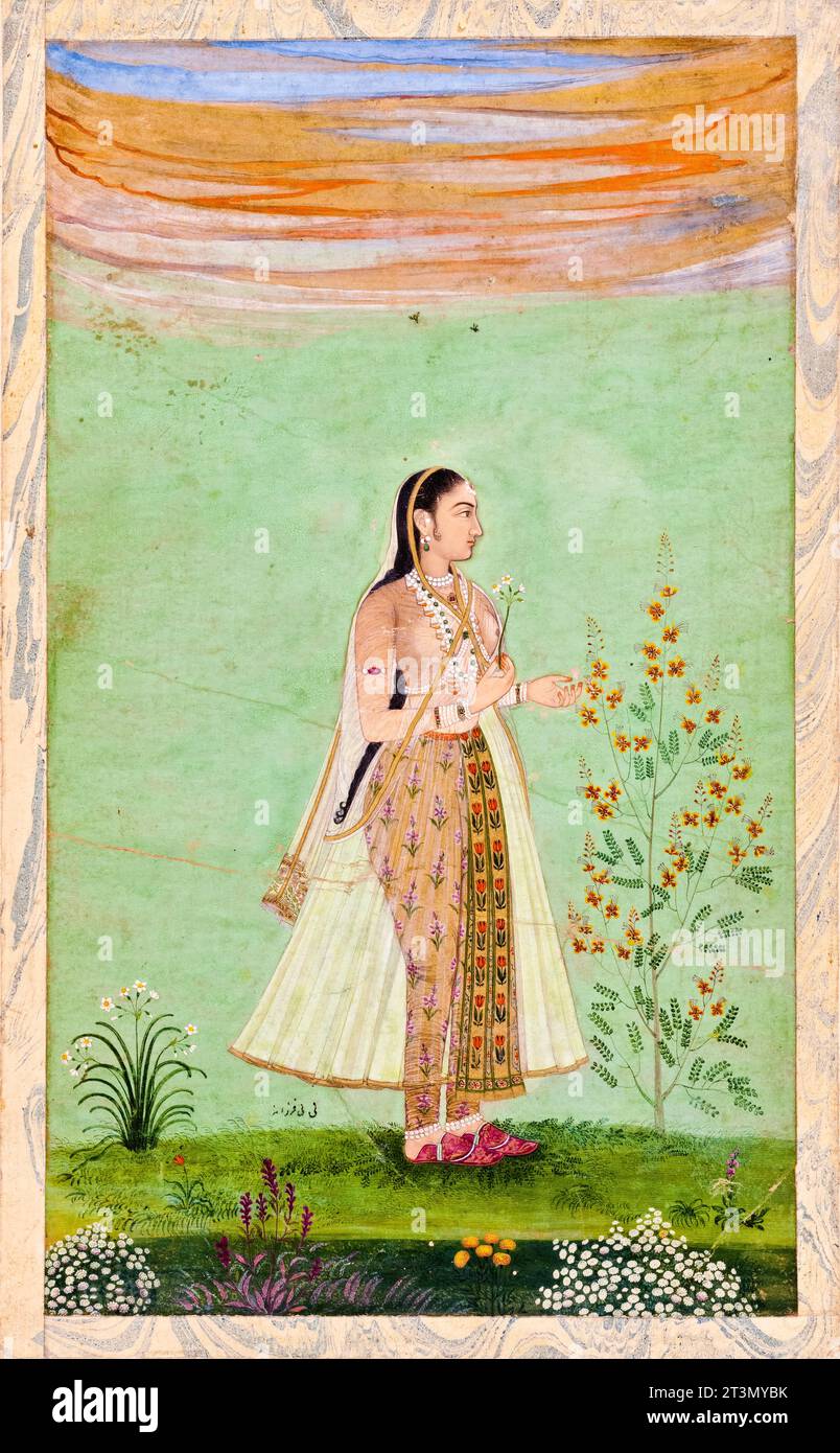 Bibi Farzana, peinture de portrait, aquarelle avec or sur encre sur papier, art indien du 17e siècle, 1640-1650 Banque D'Images