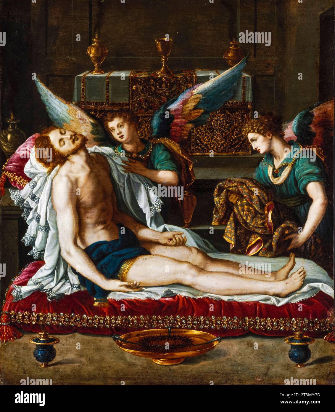 Alessandro Allori, le corps du Christ oint par deux Anges, peinture à l'huile sur cuivre, vers 1593 Banque D'Images