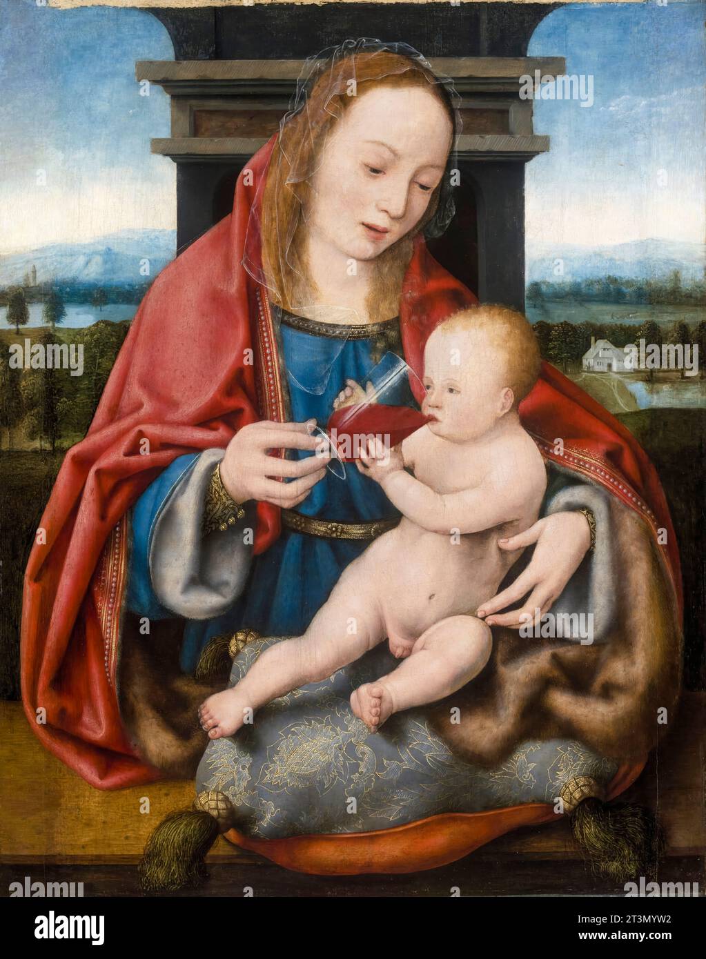 Joos van Cleve, la Vierge à l'enfant Christ buvant du vin, peinture à l'huile sur bois, vers 1520 Banque D'Images