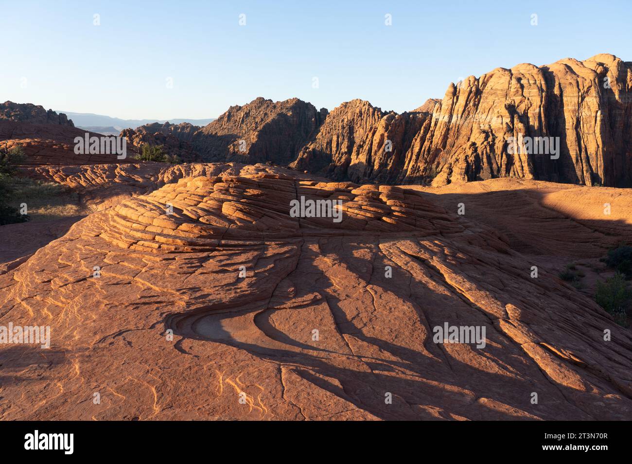 Première lumière sur les formations érodées de grès Navajo sur le sentier Petrified Dunes Trail dans le parc d'État de Snow Canyon dans l'Utah. Banque D'Images