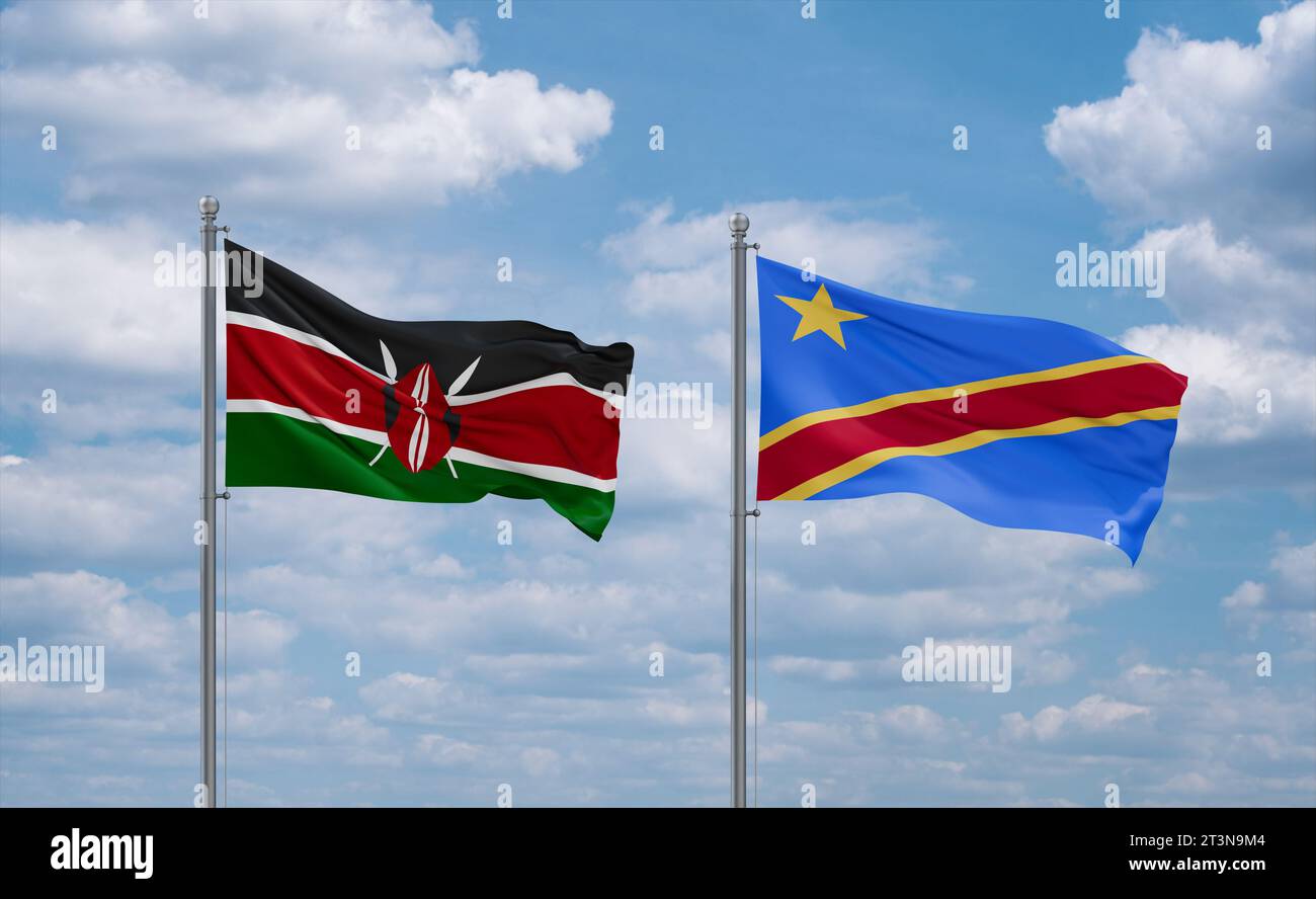 Drapeaux de la République démocratique du Congo ou Congo-Kinshasa et Kenya agitant ensemble dans le vent sur un ciel nuageux bleu, concept de relation entre deux pays Banque D'Images