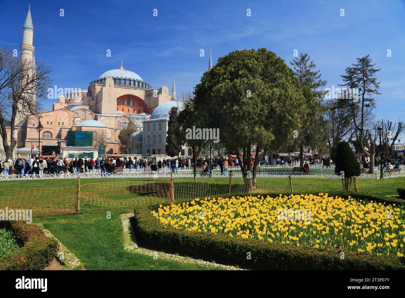 ISTANBUL, TURQUIE - 25 MARS 2023 : les gens visitent la Grande Mosquée Sainte-Sophie par une journée ensoleillée à Istanbul, en Turquie. Site du patrimoine mondial de l'UNESCO à Fatih dist Banque D'Images