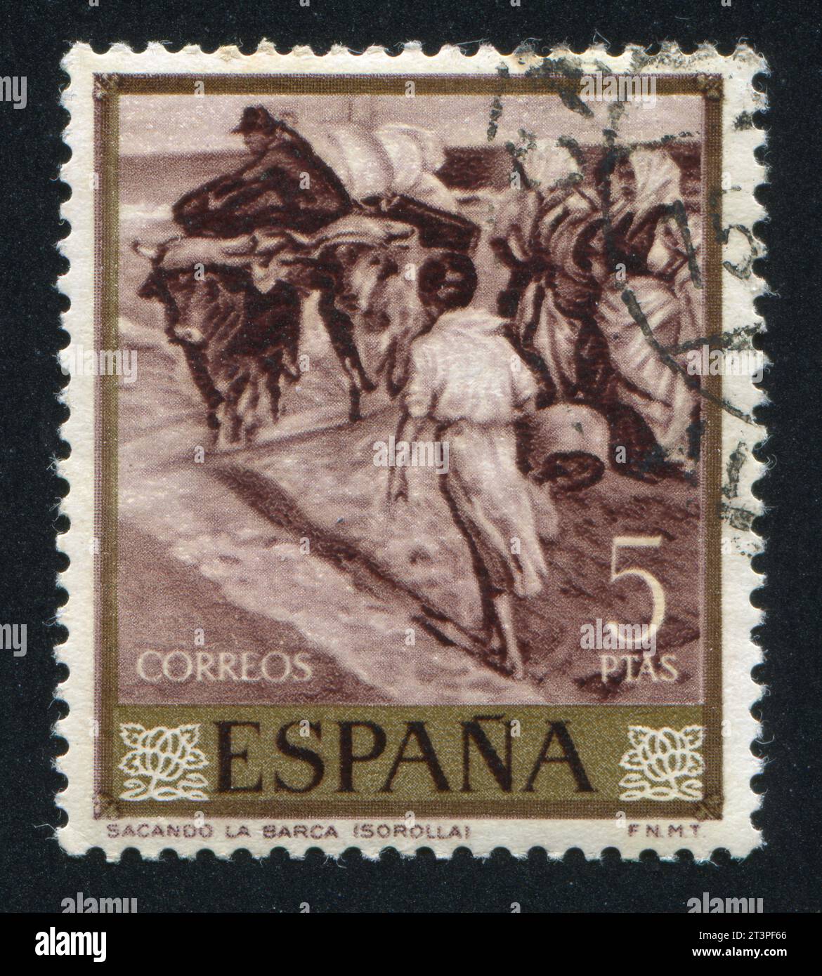 ESPAGNE - CIRCA 1964 : timbre imprimé par l'Espagne, montre l'extraction du bateau par Joaquin Sorolla, circa 1964 Banque D'Images