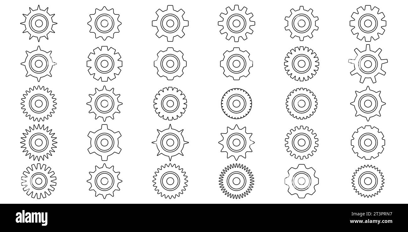 Jeu d'icônes d'engrenages. Icône de réglage des vitesses. Collection de roues dentées de contour mécanique. Collection de roues à engrenages simples. Silhouette des icônes d'équipement. illustration wit Banque D'Images