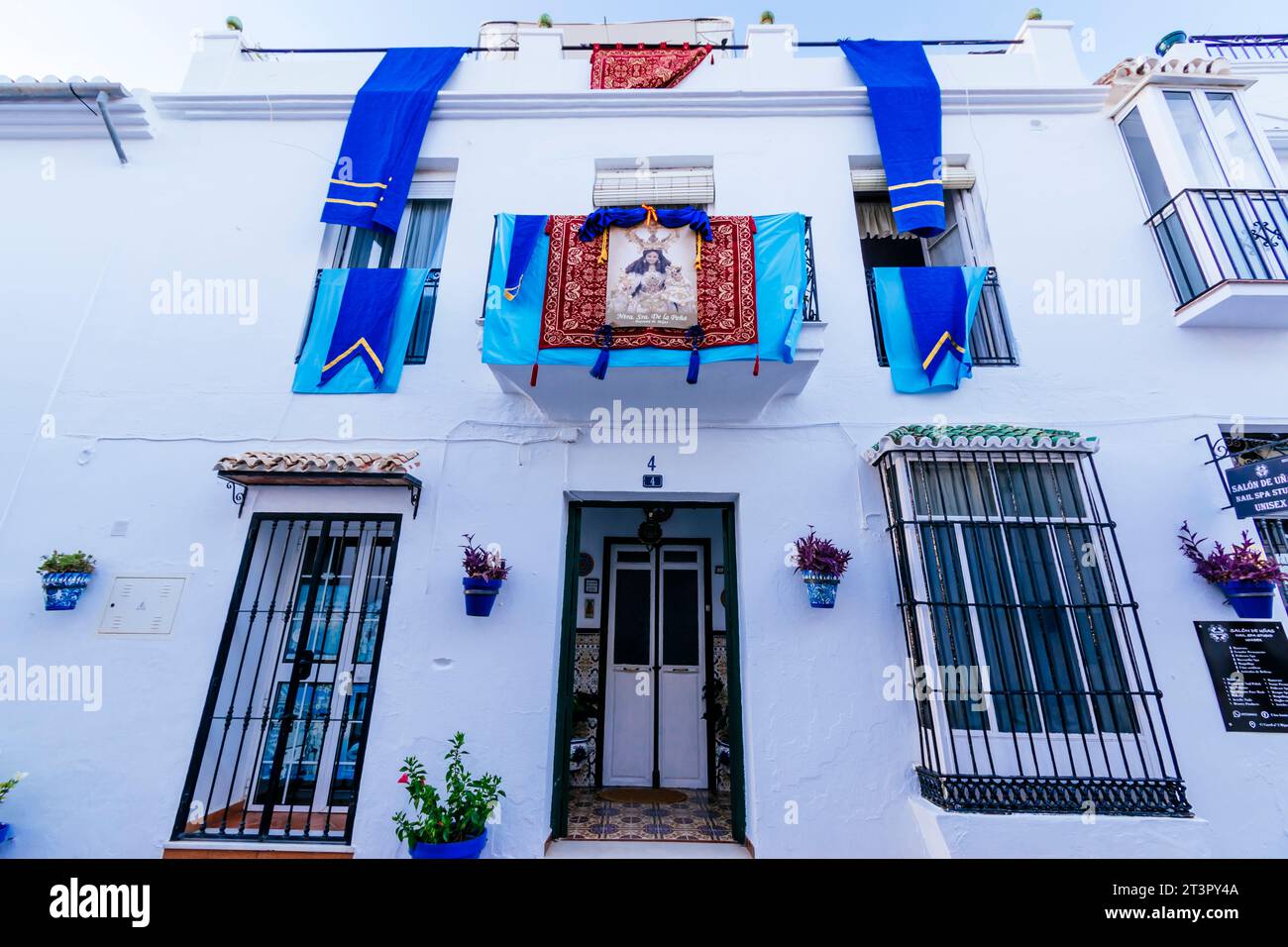 Façade de maison décorée à la foire de Mijas. Mijas Pueblo. Mijas, Málaga, Andalousie, Espagne, Europe Banque D'Images