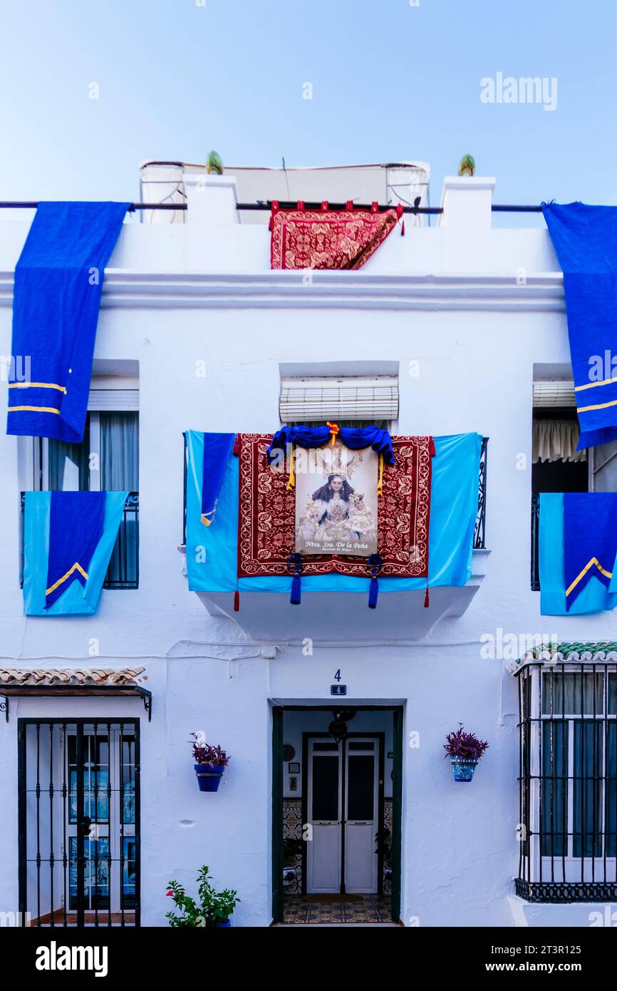 Façade de maison décorée à la foire de Mijas. Mijas Pueblo. Mijas, Málaga, Andalousie, Espagne, Europe Banque D'Images