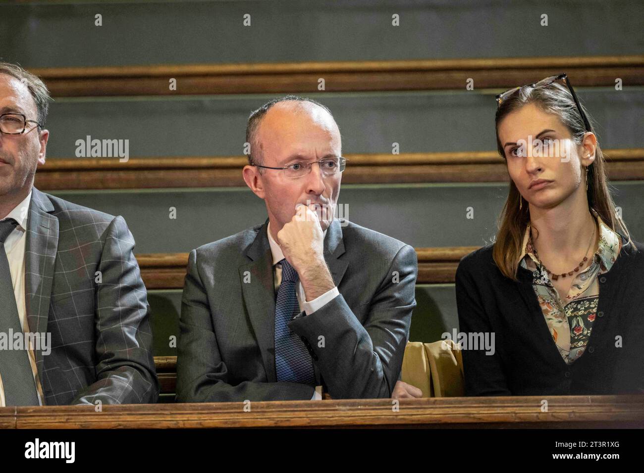 Paris, France. 26 octobre 2023. Jean Marie Caillaud lors d’une présentation par le Premier ministre français des mesures en réponse aux émeutes urbaines de juin, en présence de nombreux ministres et maires, dans un amphithéâtre de la Sorbonne Université à Paris le 26 octobre 2023. Photo Eliot Blondet/ABACAPRESS.COM crédit : Abaca Press/Alamy Live News Banque D'Images