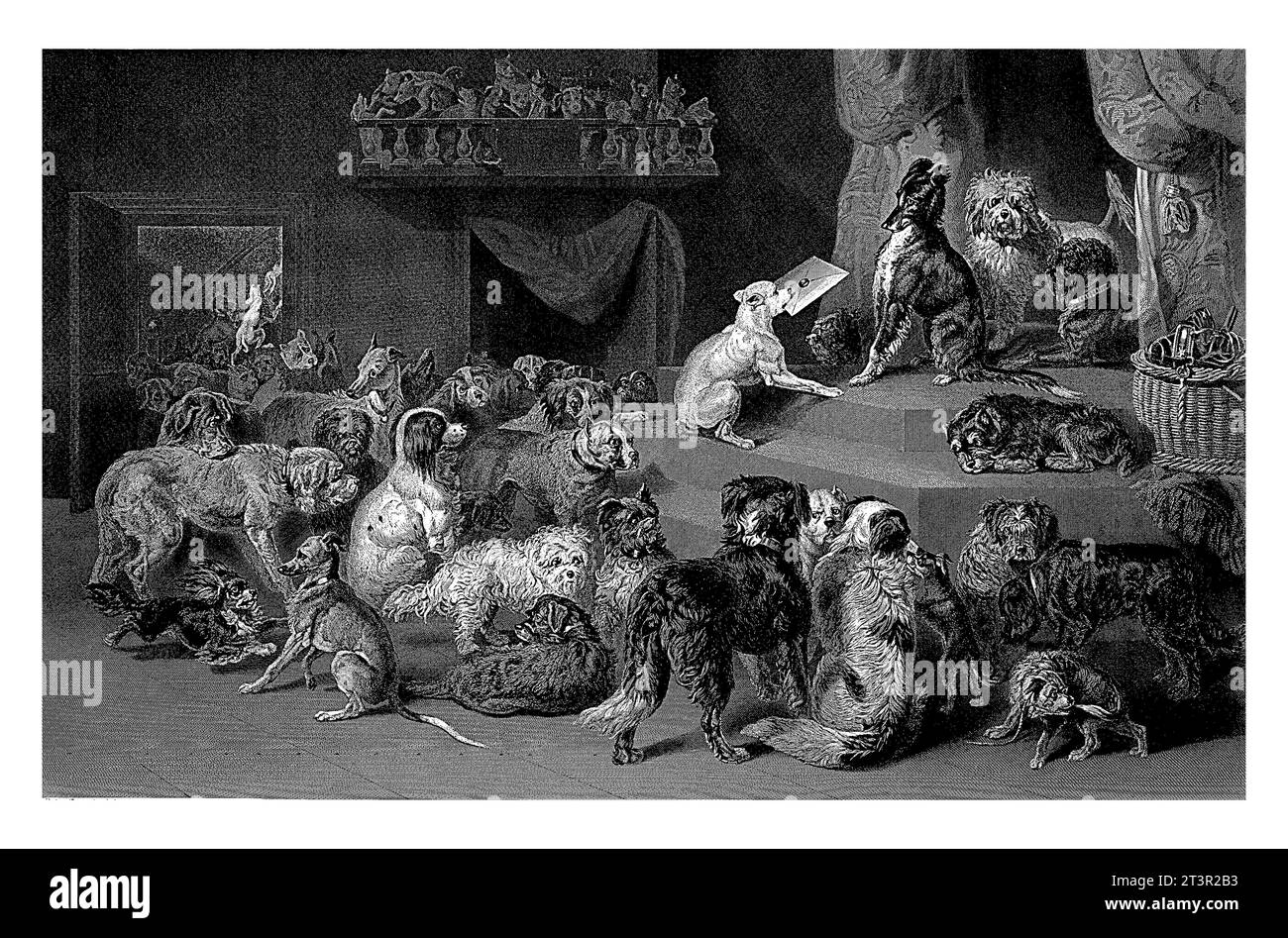 Les chiens offrent une lettre, Johannes de Mare, d'après Bernard te Gempt, 1860 - 1879 beaucoup de chiens à une altitude, après quoi l'un d'eux offre une lettre à un autre Banque D'Images