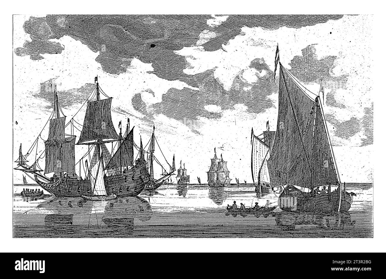 Voiliers et sloops sur des mers calmes, anonyme, 1600 - 1700 sur la gauche un navire de guerre avec un petit voilier et un sloop à côté. Banque D'Images