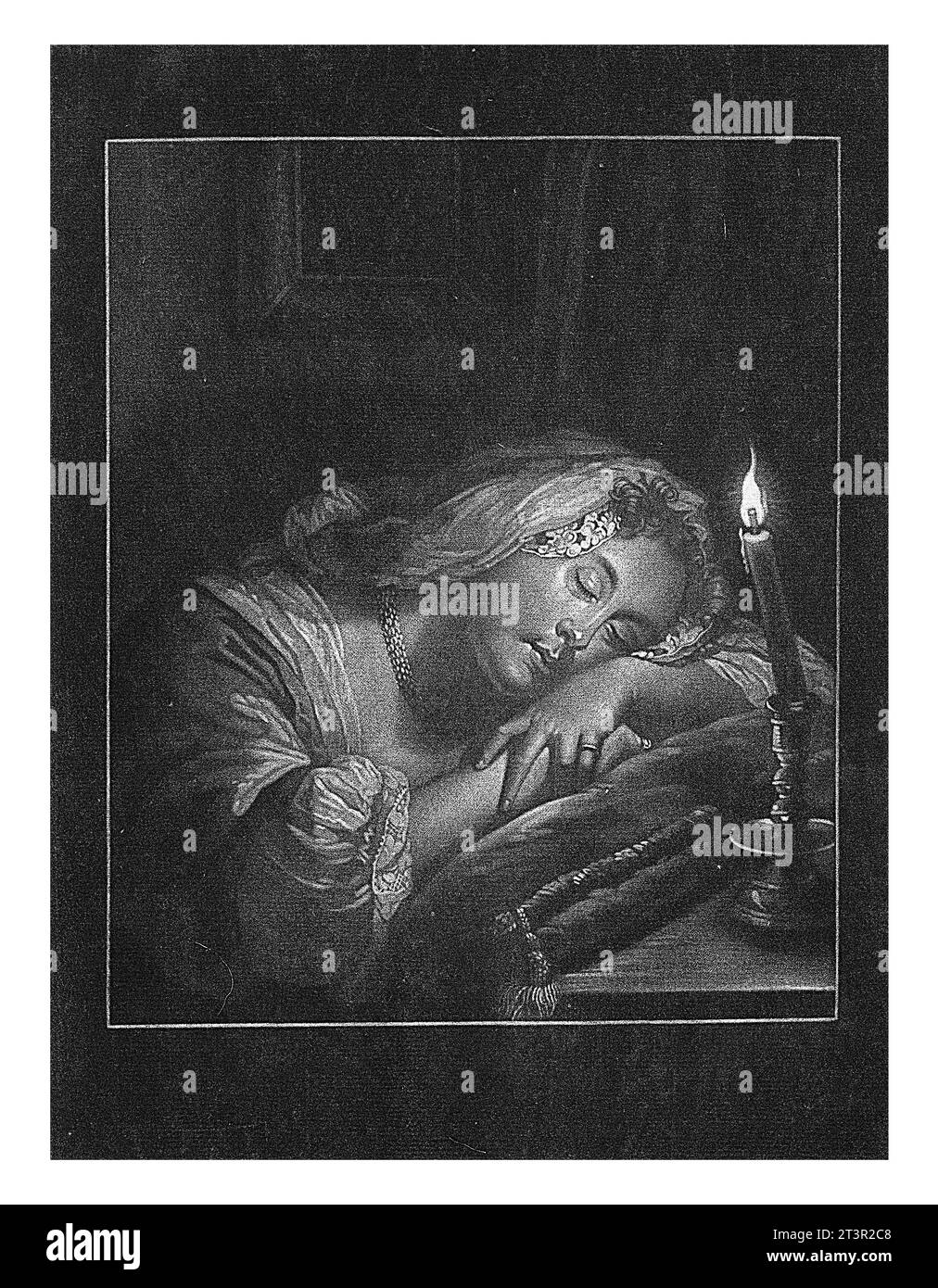 Fille dormant aux chandelles, Pieter Schenk (I), d'après Godfried Schalcken, 1670 - 1713 Banque D'Images
