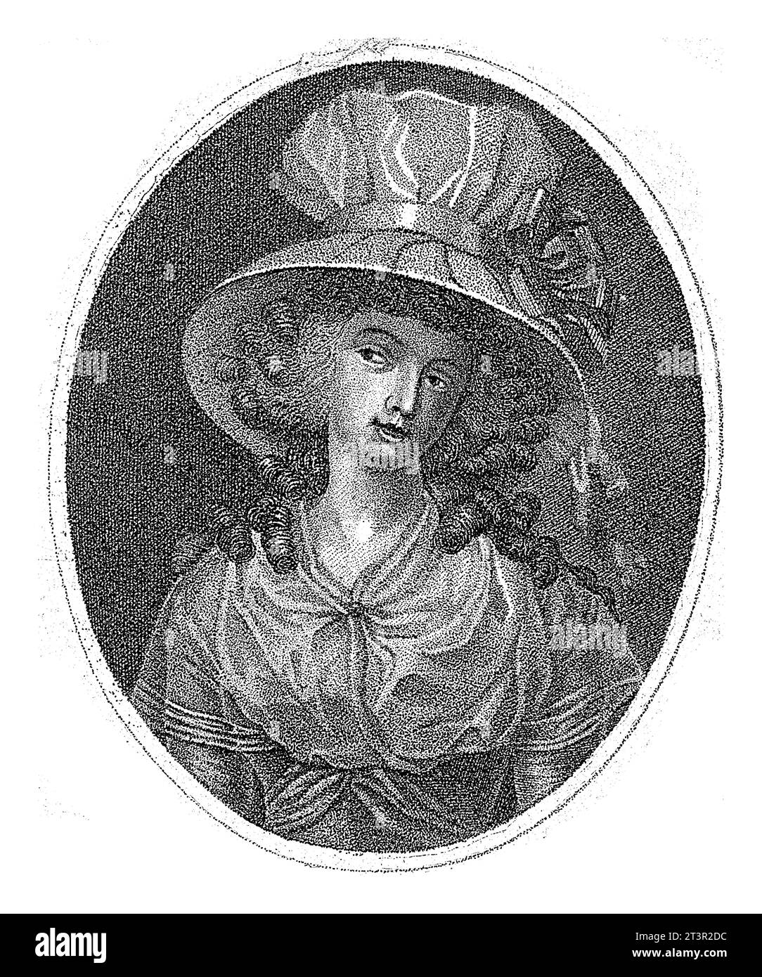 Portrait en demi-longueur dans un ovale d'une femme inconnue. Elle porte une robe et un grand chapeau et a des boucles dans les cheveux. Banque D'Images