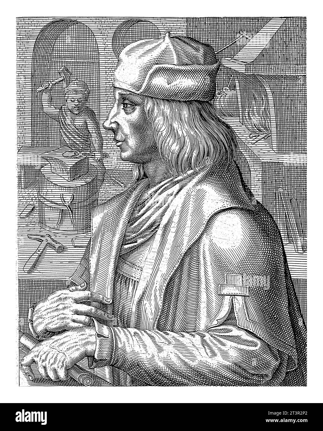 Portrait de Quinten Massijs, Hendrick Hondius (I), portrait en demi-longueur de 1610 à gauche de Quinten Massijs. Sous le portrait sont le nom et huit lin Banque D'Images