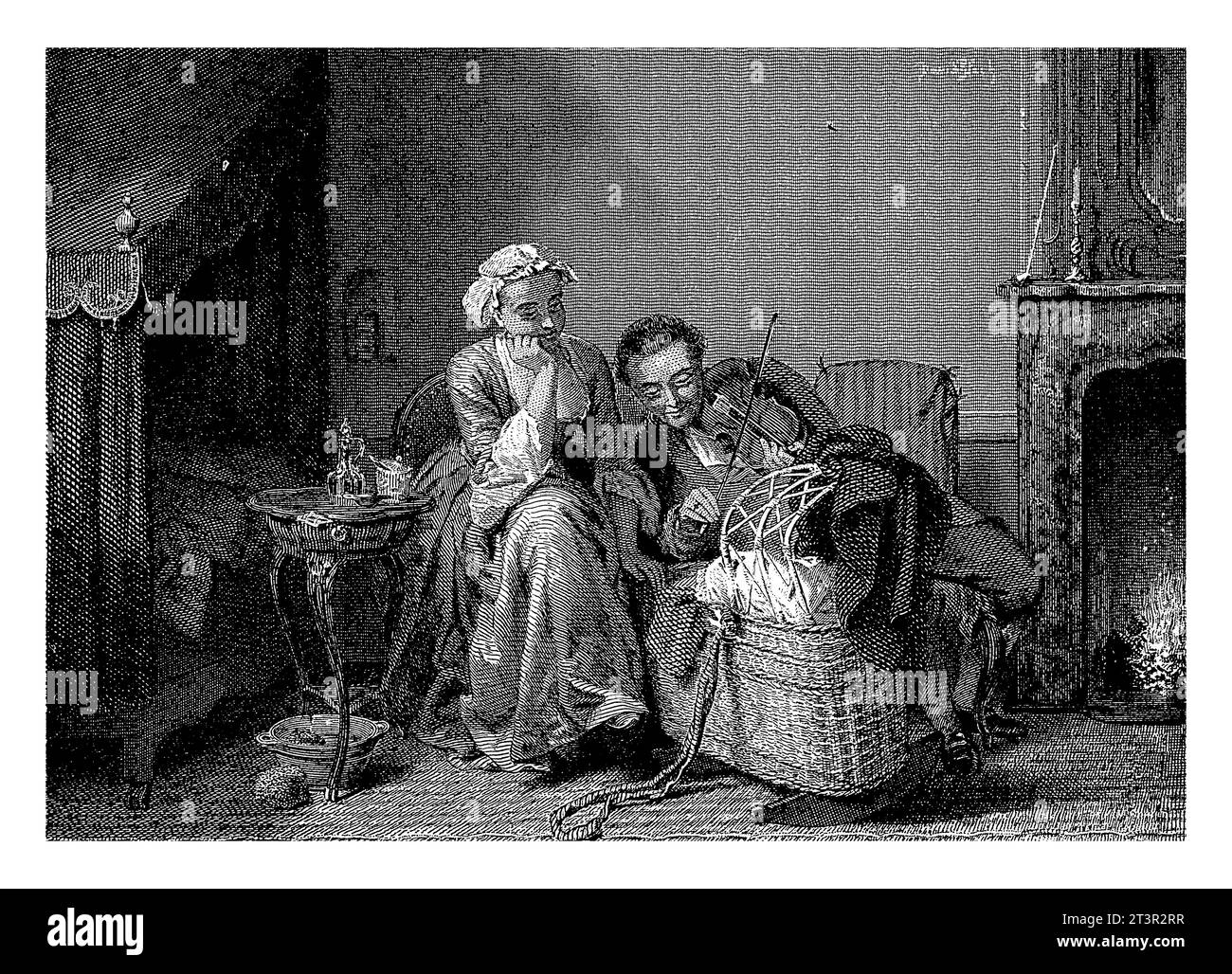 Homme et femme au berceau, Willem Frederik Wehmeyer, d'après David bles, 1834 - 1854 Un homme joue du violon dans une crèche. La femme à côté de lui regarde sm Banque D'Images