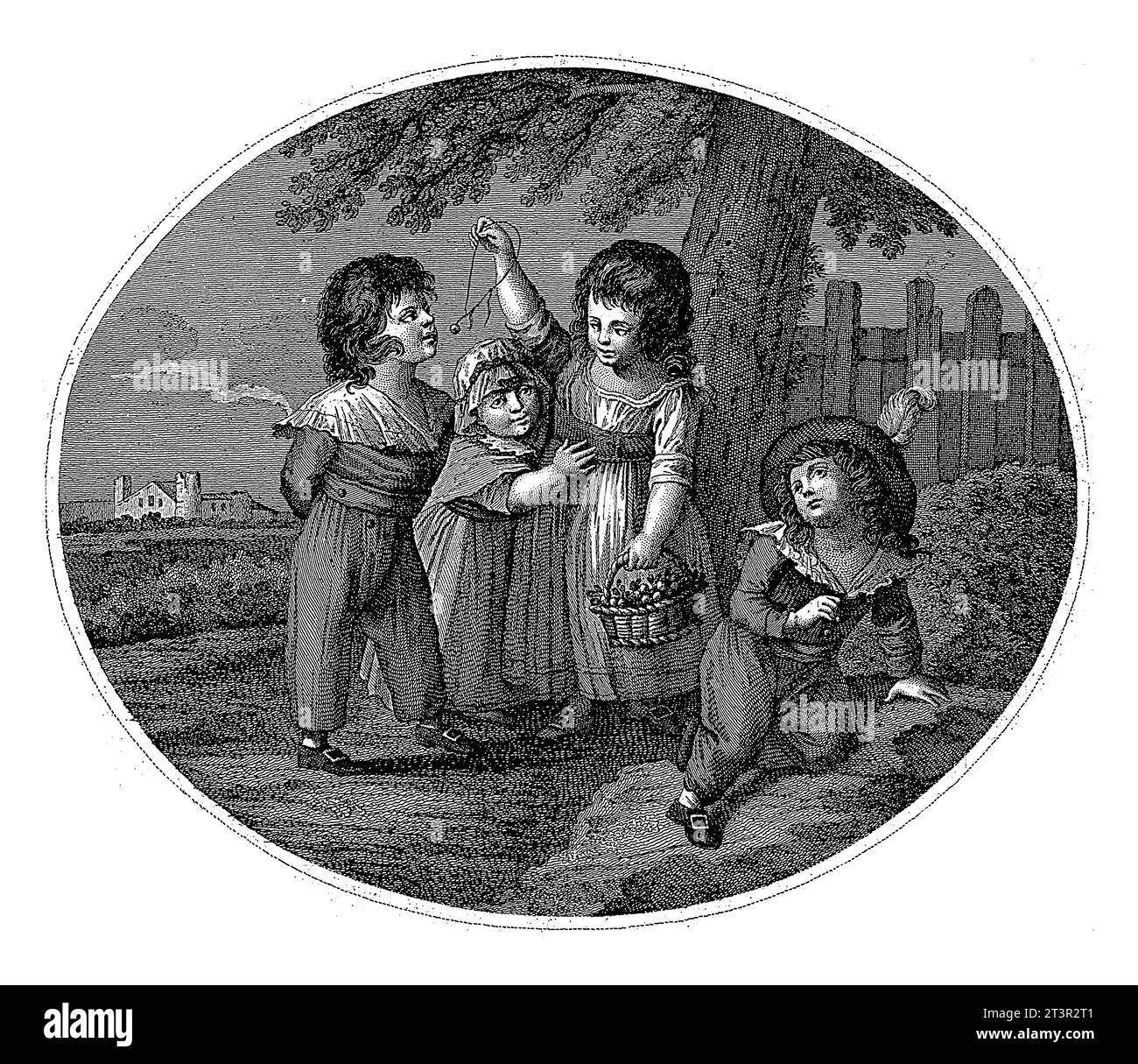 Quatre enfants jouant, Antonio Suntach, Giovanni Suntach, d'après William Hamilton, 1754 - 1842 a gauche un garçon joue avec une toupie. Banque D'Images