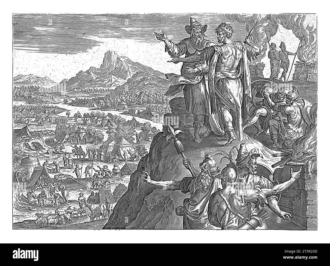 Balaam et le roi Balak, Maerten de vos, 1585 Balaam se tient avec Balak roi de Moab sur une montagne, regardant au-dessus du camp des Israélites. Banque D'Images