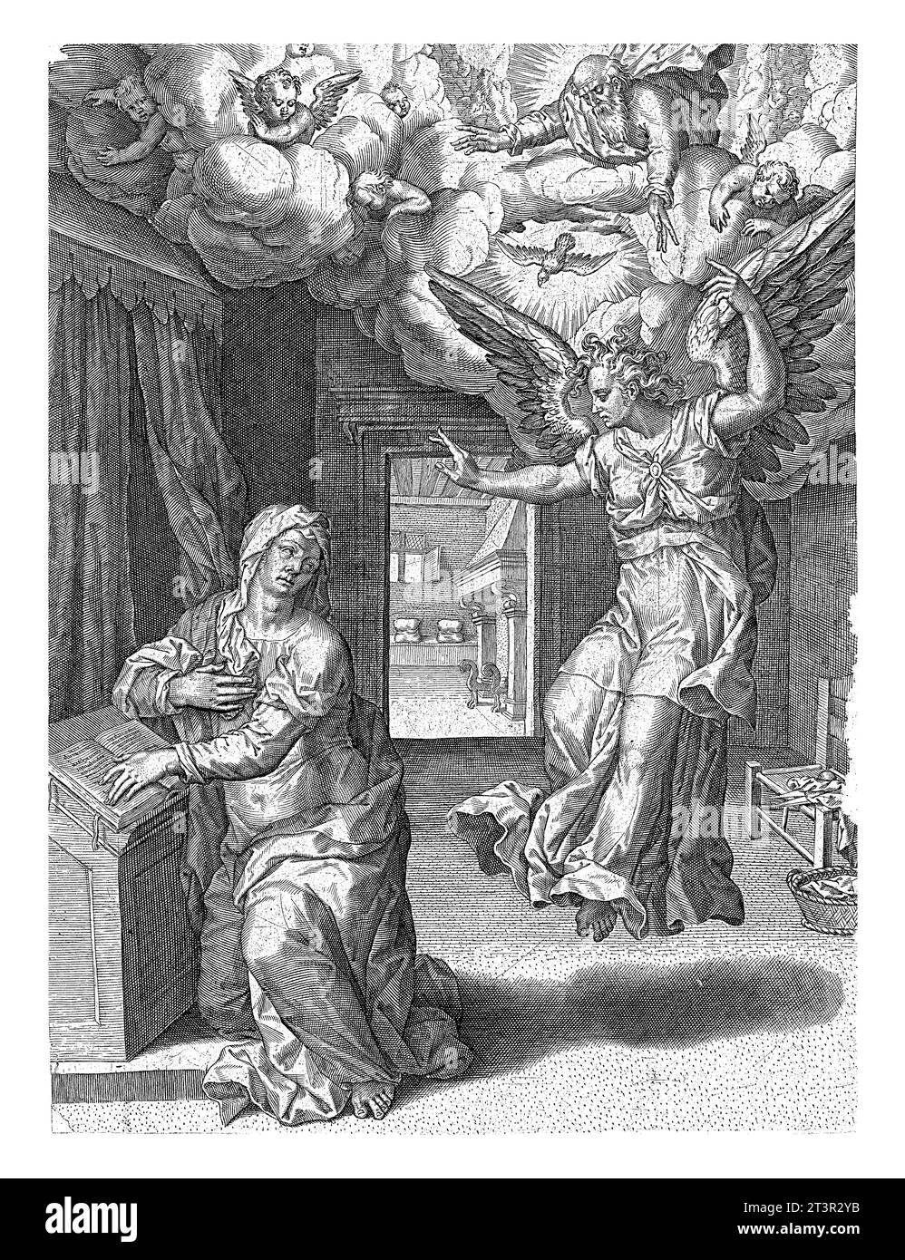 Annonciation de la naissance du Christ à Marie, Pieter Jalhea Furnius, 1550 - 1625 l'ange Gabriel apparaît à Marie alors qu'elle lit à un pupitre dans une pièce. Banque D'Images
