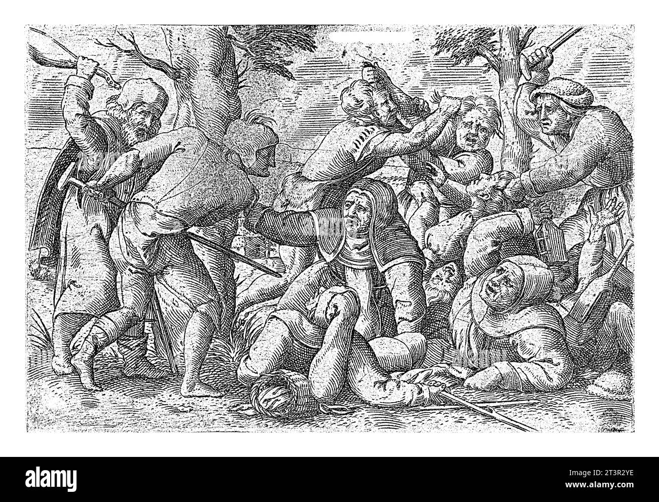 Combat des estropiés, Cornelis Massijs, 1539 estropiés de combat s'attaquent les uns les autres avec des béquilles et des bâtons et se tirent les cheveux les uns les autres. Banque D'Images