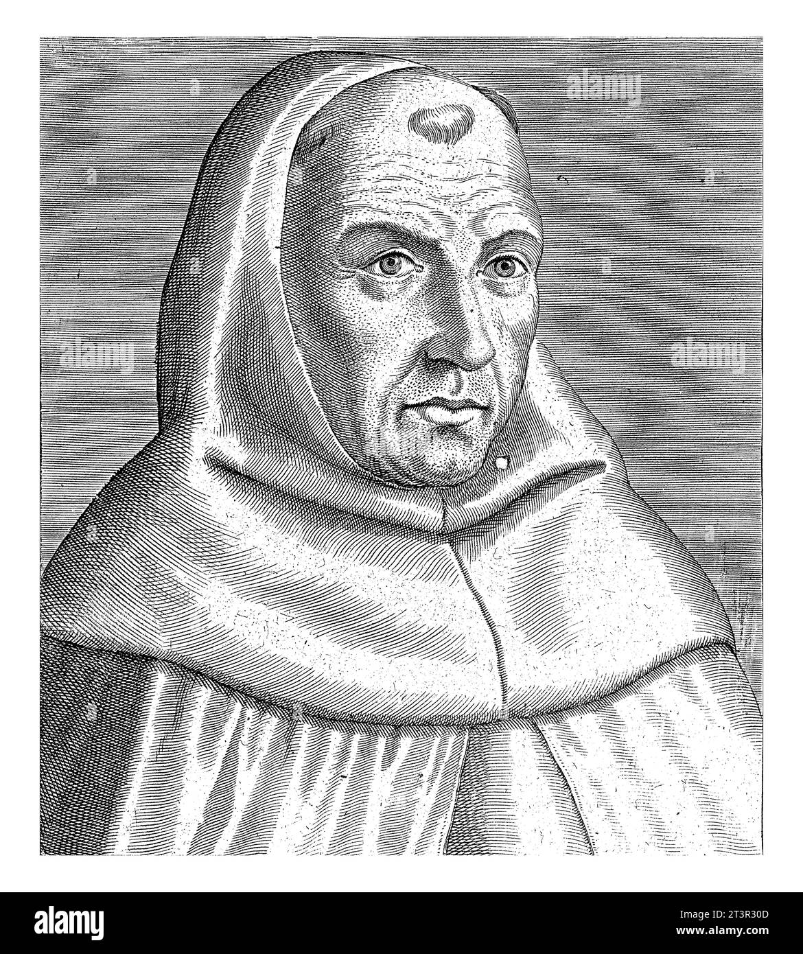 Portrait de Petrus de Backere, moine dominicain et inquisiteur de Flandre. Buste vers la droite. L'impression a un top latin et une légende et fait partie d'un se Banque D'Images