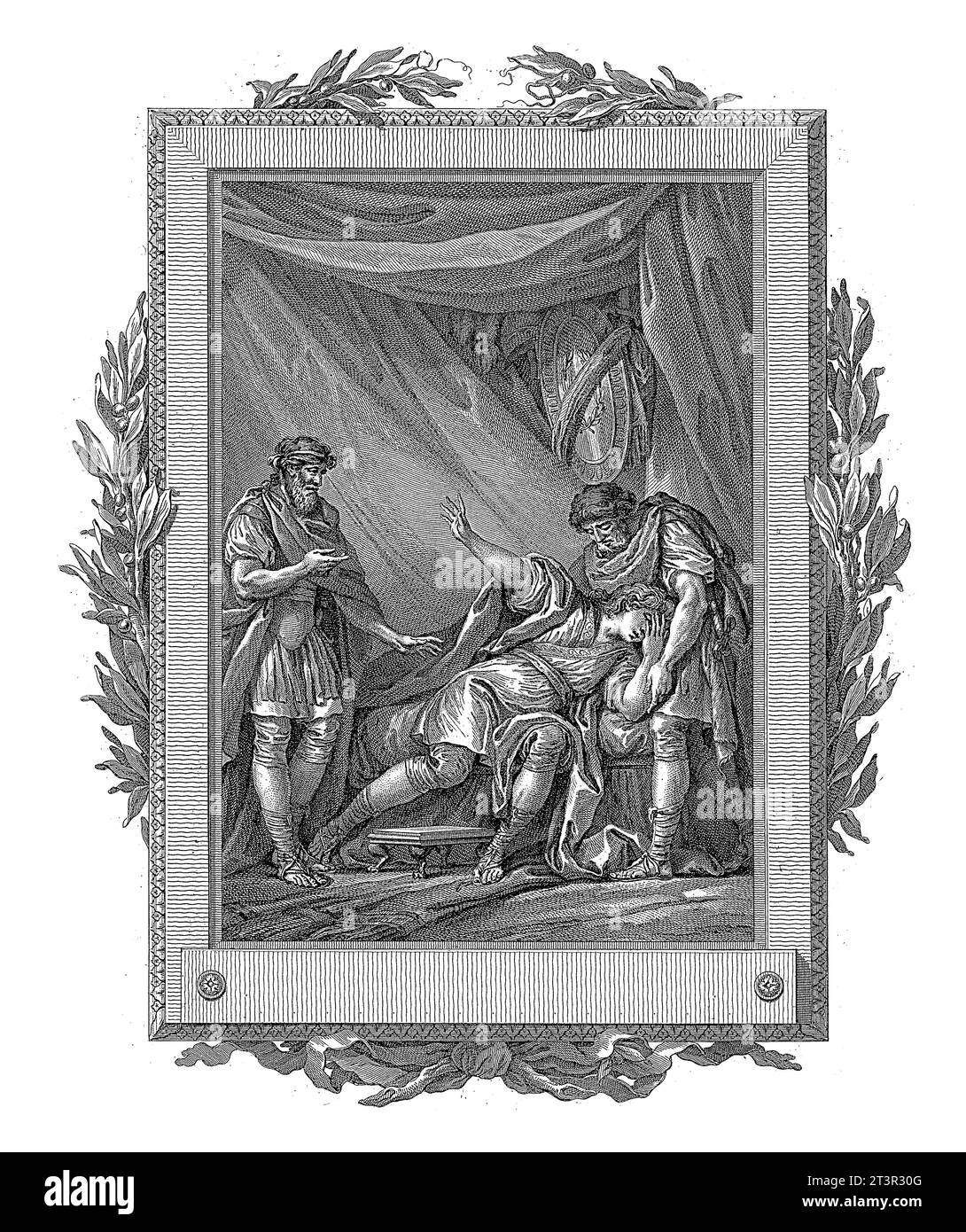 Télémaque réconforté par Nestor et Philoctetes, Jean-Baptiste Tilliard, d'après Charles Monnet, 1785 Télémaque, pleurant sur un lit, est réconforté par Nesto Banque D'Images