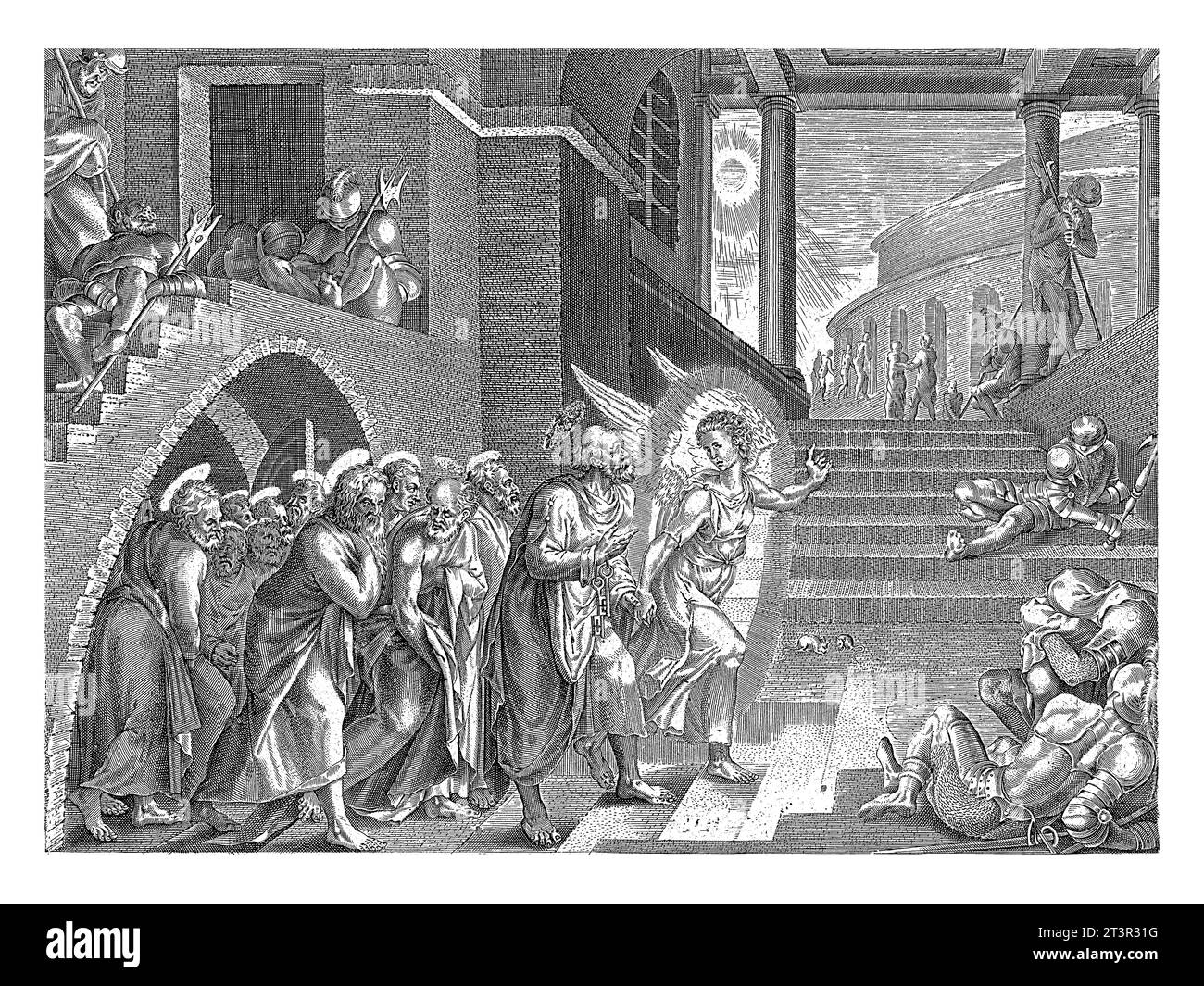 Pierre et les autres apôtres sont libérés de prison par un ange, après Philips Galle, après Maarten van Heemskerck, 1646 avec l'autre ap Banque D'Images