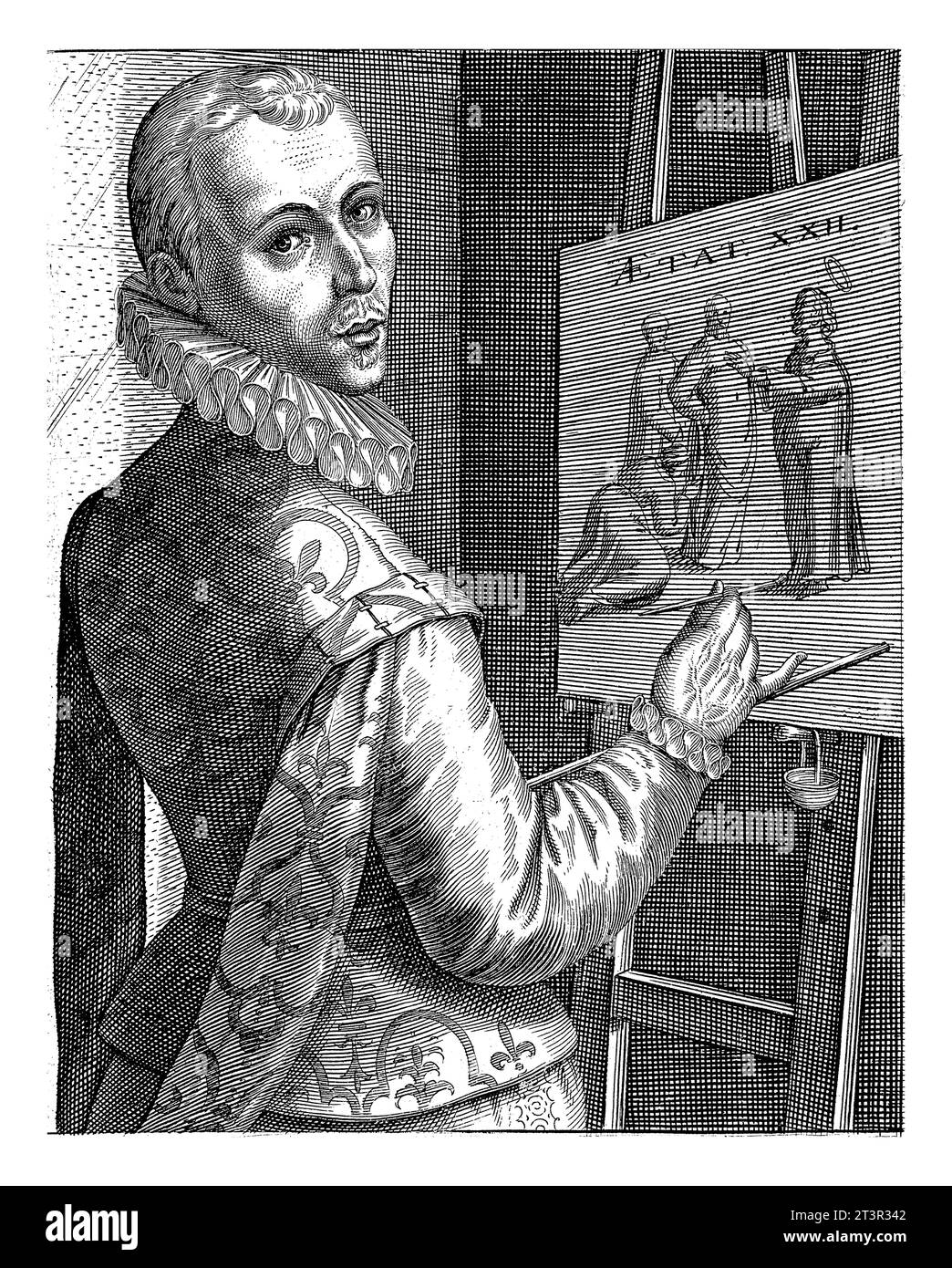 Portrait d'Otto van Veen, Robert de Baudous, 1610 Portrait en demi-longueur à droite d'Otto van Veen. Sous le portrait se trouvent le nom et quatre lignes en L. Banque D'Images