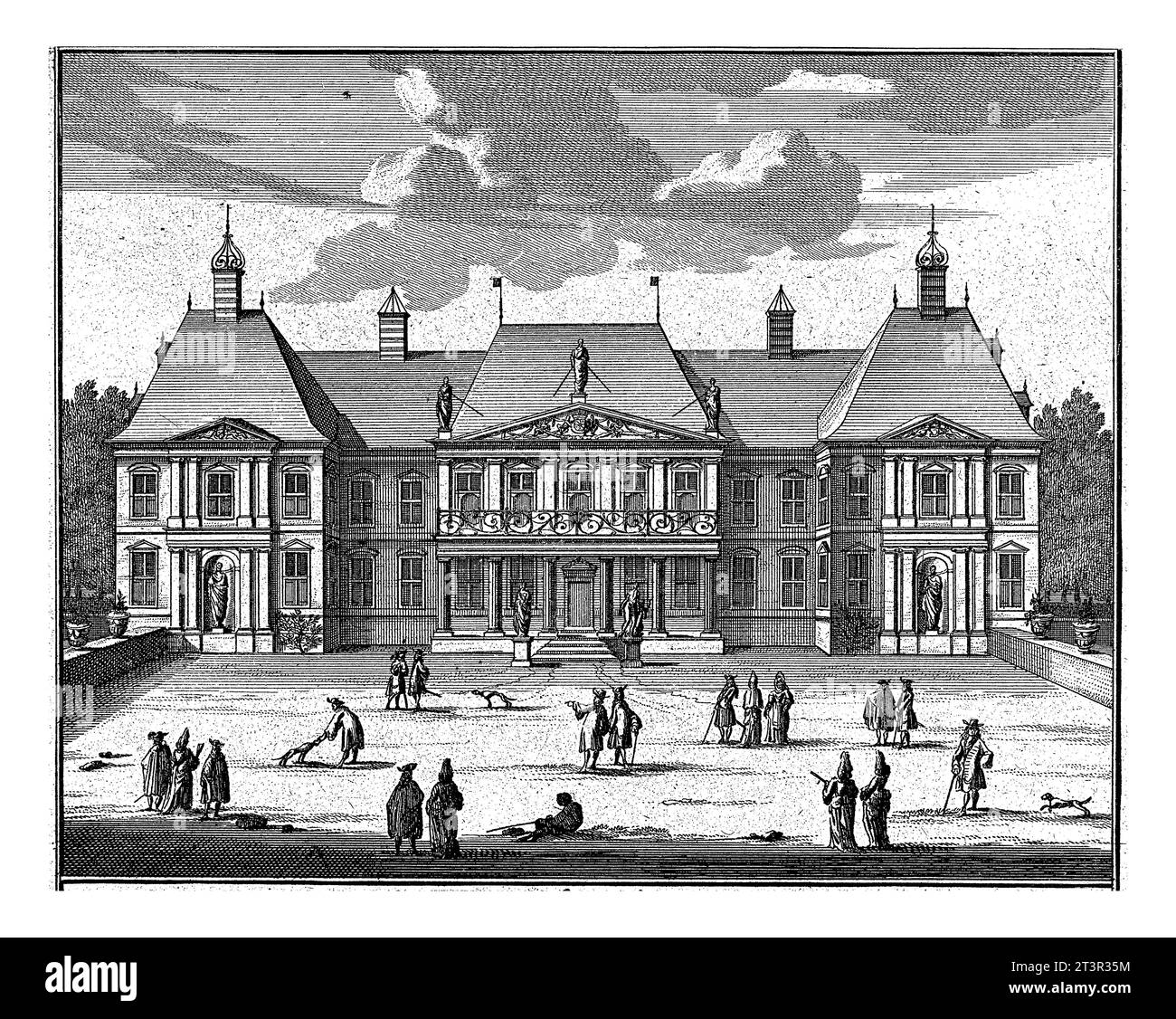 Palais Honselaarsdijk de devant, Carel Allard (attribué à), 1689 - 1702 la façade du Palais Honselaarsdijk avec des groupes de marcheurs sur le squa Banque D'Images