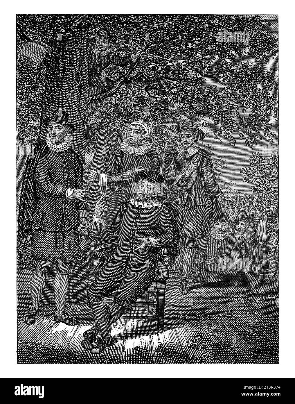 Entreprise de boissons par un arbre, Philippus Velijn, d'après Petrus Kiers, 1834 deux messieurs, dont l'un est assis dans un fauteuil, avec un verre à la main Banque D'Images