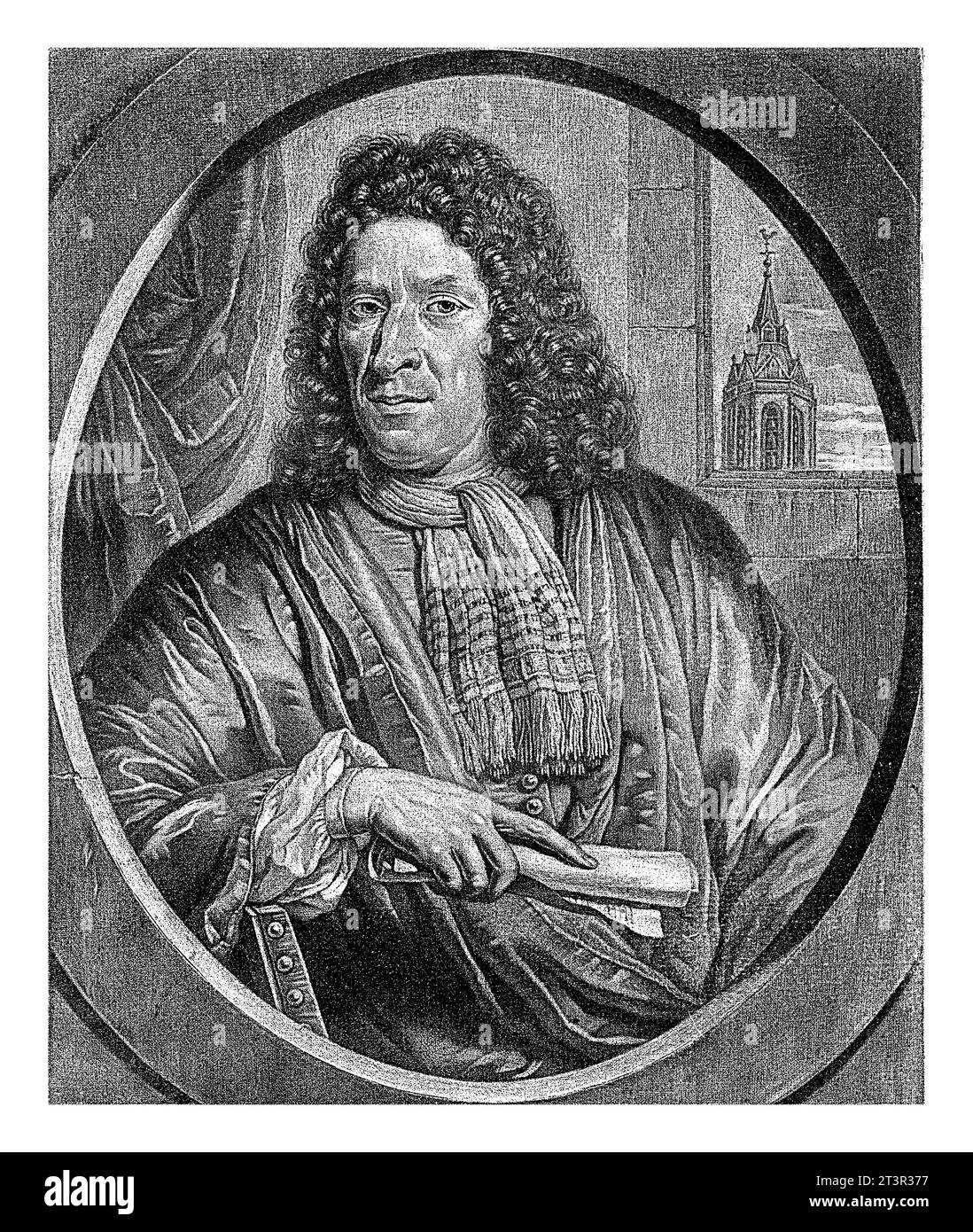 Portrait de Dirk Scholl, Thomas van der Wilt, 1699 Dirk Scholl, organiste à Delft, tenant un rouleau de partitions. Banque D'Images