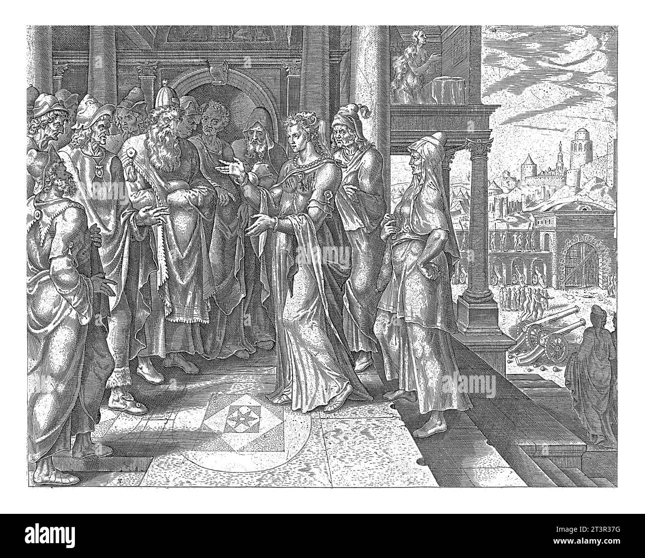 Judit réprimande les administrateurs de Betulia, Philips Galle, après Maarten van Heemskerck, 1564 Judit réprimande les administrateurs de Betulia. Banque D'Images