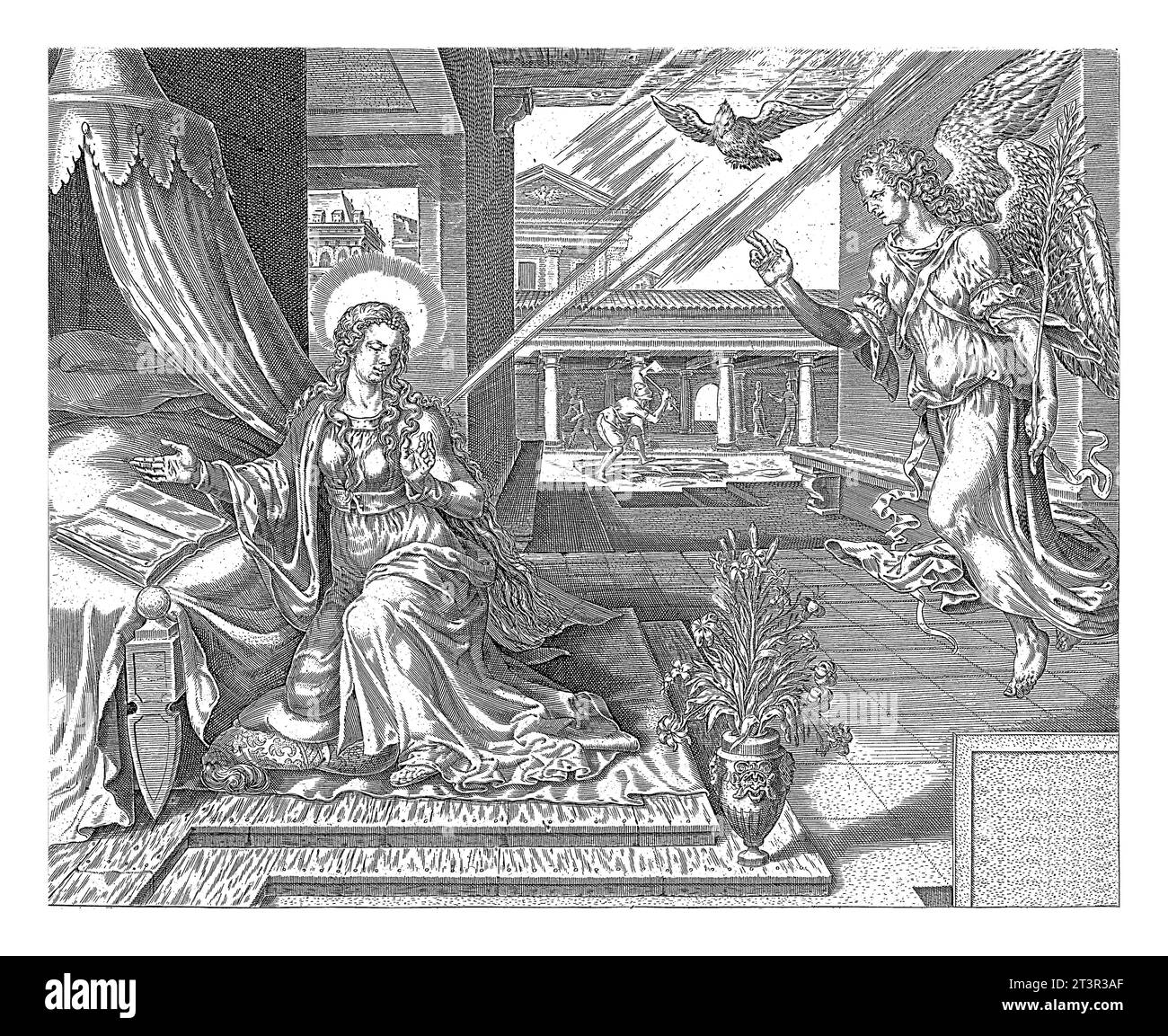 Annonciation, Harmen Jansz Muller, après Maarten van Heemskerck, 1564 - 1568 l'ange Gabriel annonce à Marie qu'elle va tomber enceinte. Marie i Banque D'Images Annonciation, Harmen Jansz Muller, après Maarten van Heemskerck, 1564 - 1568 l'ange Gabriel annonce à Marie qu'elle va tomber enceinte. Marie i Banque D'Images