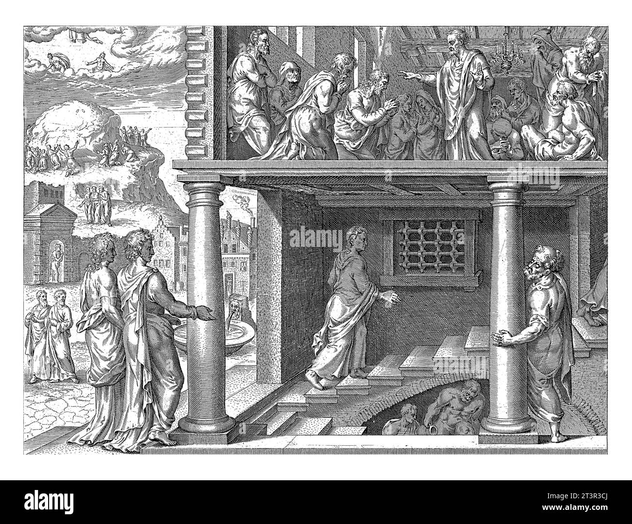Ascension du Christ et élection de Mattias, Claes Jansz. Visscher, d'après Philips Galle, d'après Maarten van Heemskerck, 1643 - 1646 en arrière-plan t Banque D'Images