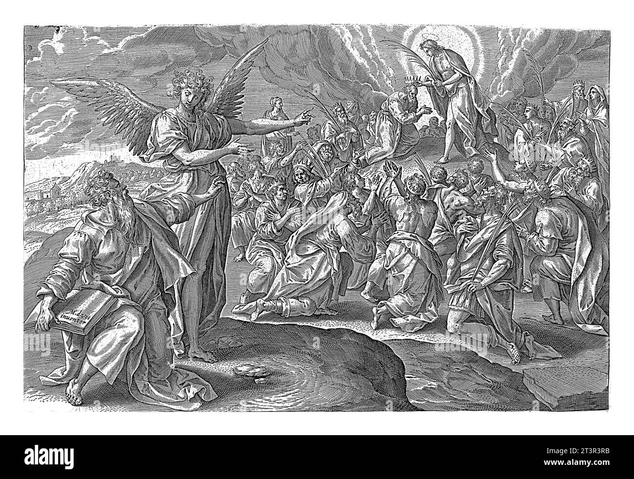 Première vision d'Esdras : le fils de Dieu couronne la foule, Maerten de vos, 1585 Esdras est assis au premier plan à droite et est pointé vers une vision par un ange. Banque D'Images