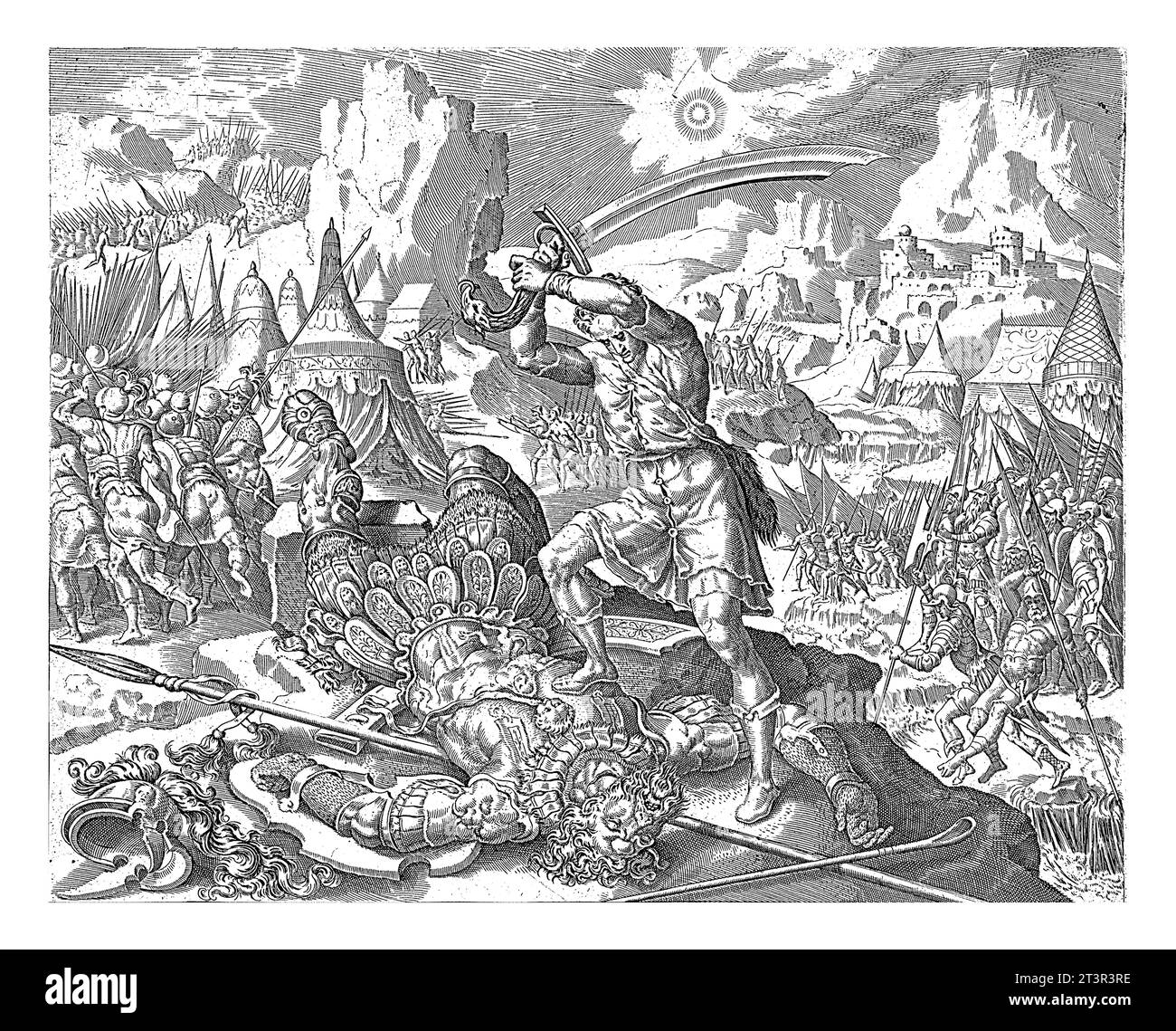 David décapite Goliat, anonyme, d'après Maarten van Heemskerck, 1555 - 1633 Goliat repose sur le sol. David se tient debout avec un pied sur la poitrine et raiss Banque D'Images
