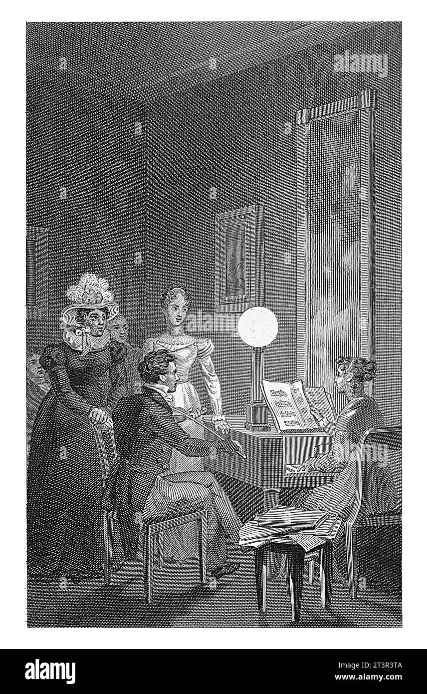 Orchestre de chambre avec piano et violon, Philippus Velijn, d'après A. eLink Sterk jr., 1797 - 1836 Une femme derrière un piano et un homme jouant du violon Banque D'Images