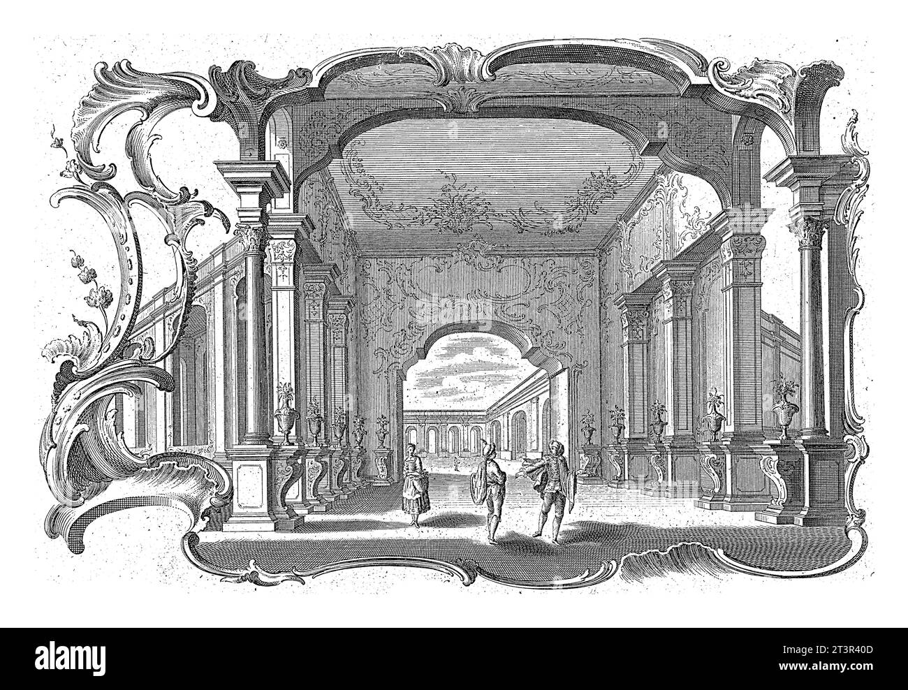 Galerie en cartouche rocaille, Emanuel Eichel (possiblement), d'après Franz Xaver Habermann, 1750 scène de cour en cadre rocaille. Figures avec tissu oriental Banque D'Images