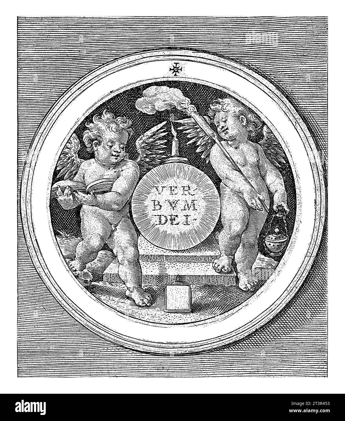 Médaillon avec deux putti, Crispijn van de passe (I), 1594 médaillon avec deux putti tenant un livre ouvert et une torche brûlante et un censeur. Entre eux Banque D'Images