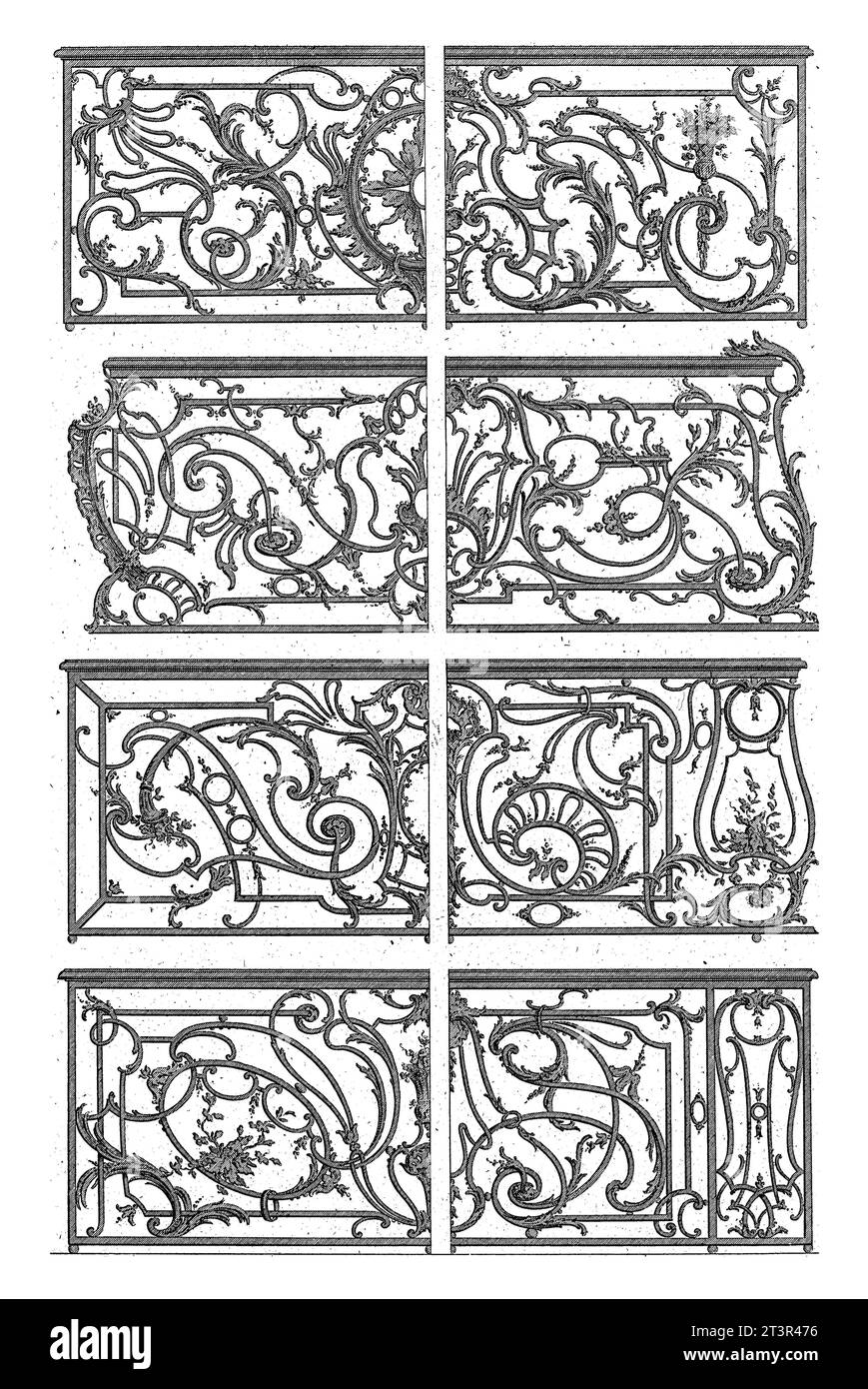 Clôtures de balcon, Carl Albert von Lespilliez, d'après François de Cuvillies (Sr.), 1745 huit clôtures de balcon ornementées en fer forgé. Banque D'Images