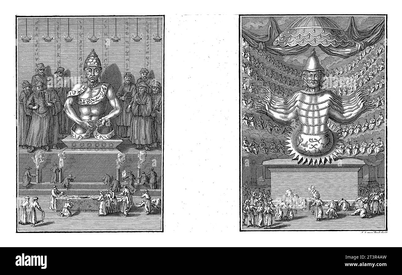 Deux religions : vénération de la statue de Confucius et Bouddha Amida au Japon, Jan Lucas van der Beek, d'après Bernard Picart, 1763 - 1818 Banque D'Images